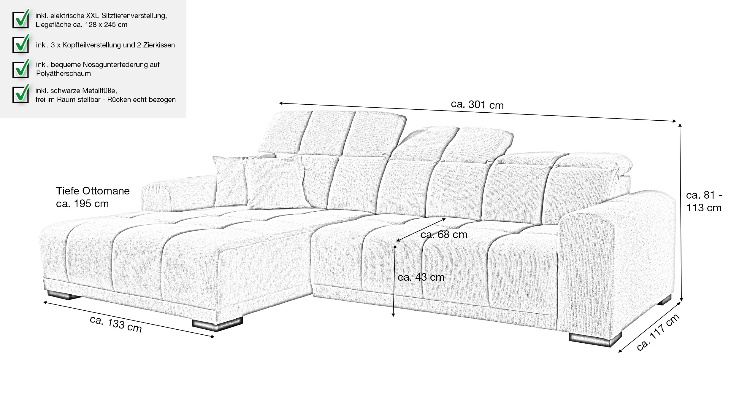 Ecksofa grau elektrisch ausfahrbar 301 cm - MASTER