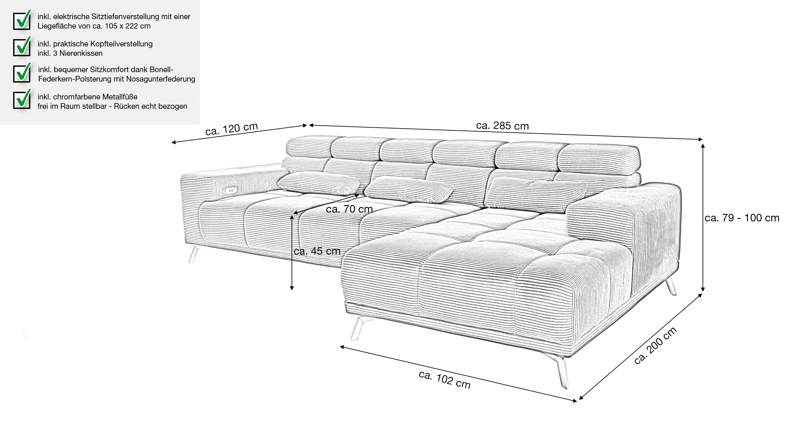 Ecksofa Cord beige elektrisch ausfahrbar 285 cm - OT rechts - SPEED
