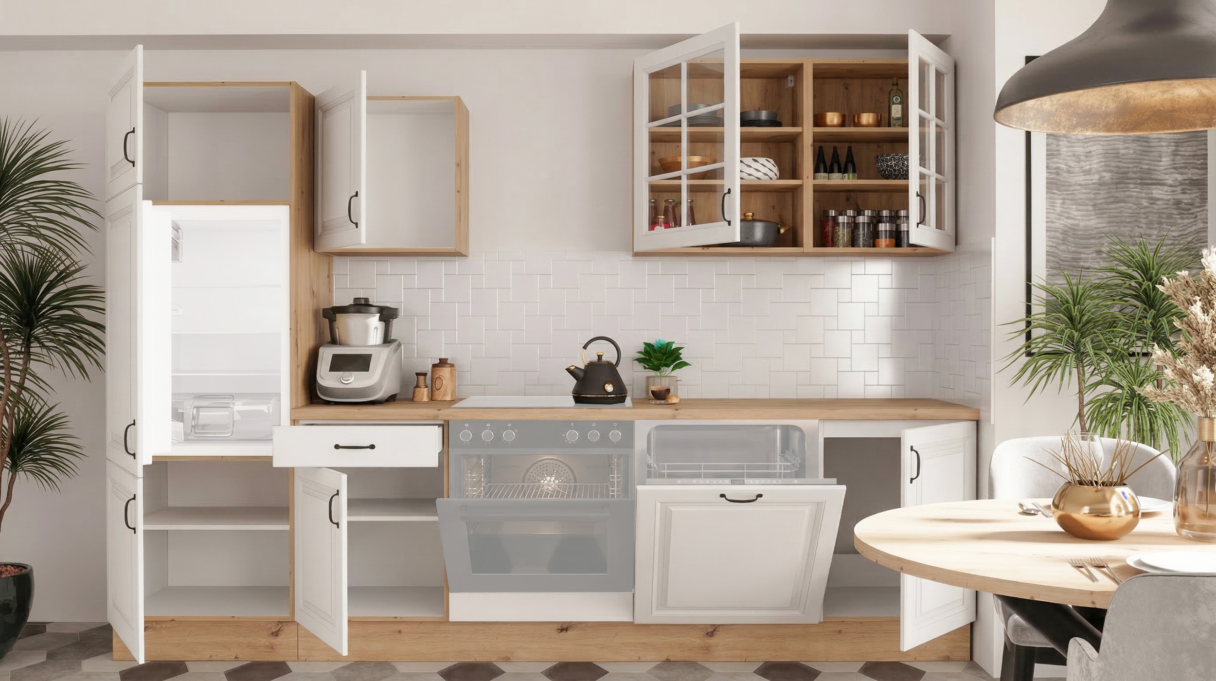 Küchenzeile - weiß matt - Artisan Eiche - 280 cm - ohne Elektrogeräte - STINA 