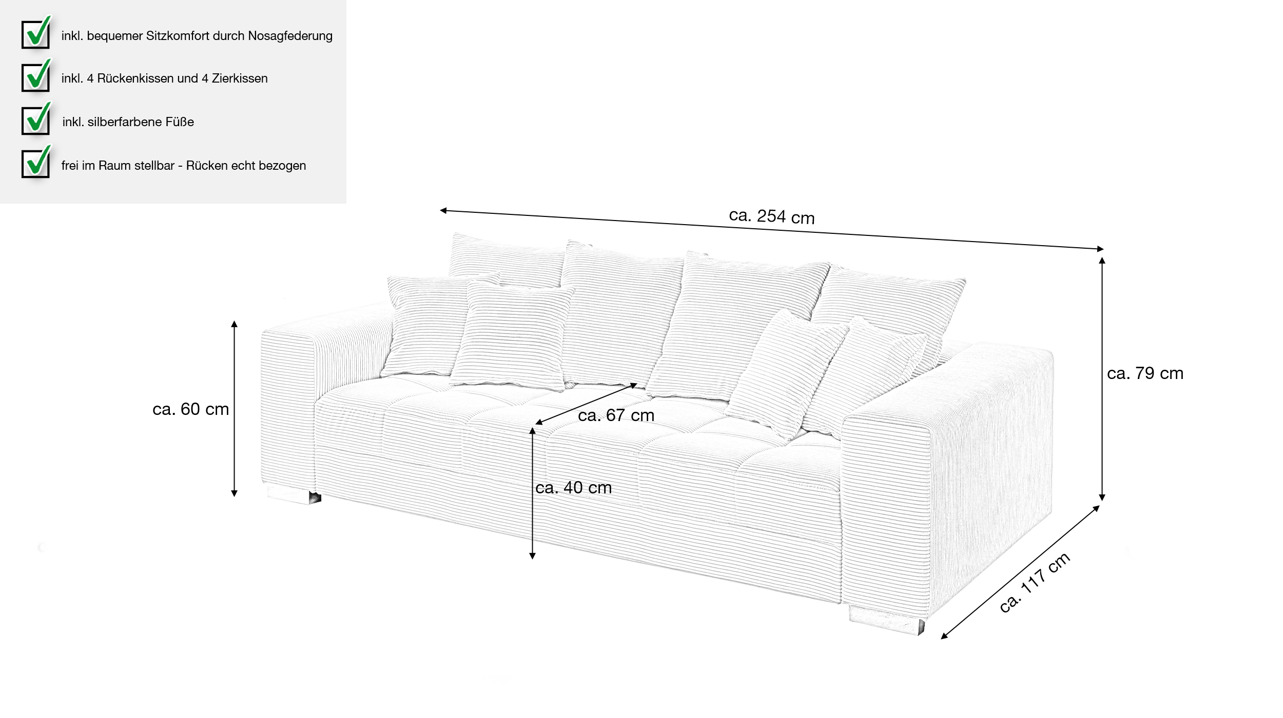 Big Sofa Cord grau - Nosagunterfederung - 254 cm - BORNEO