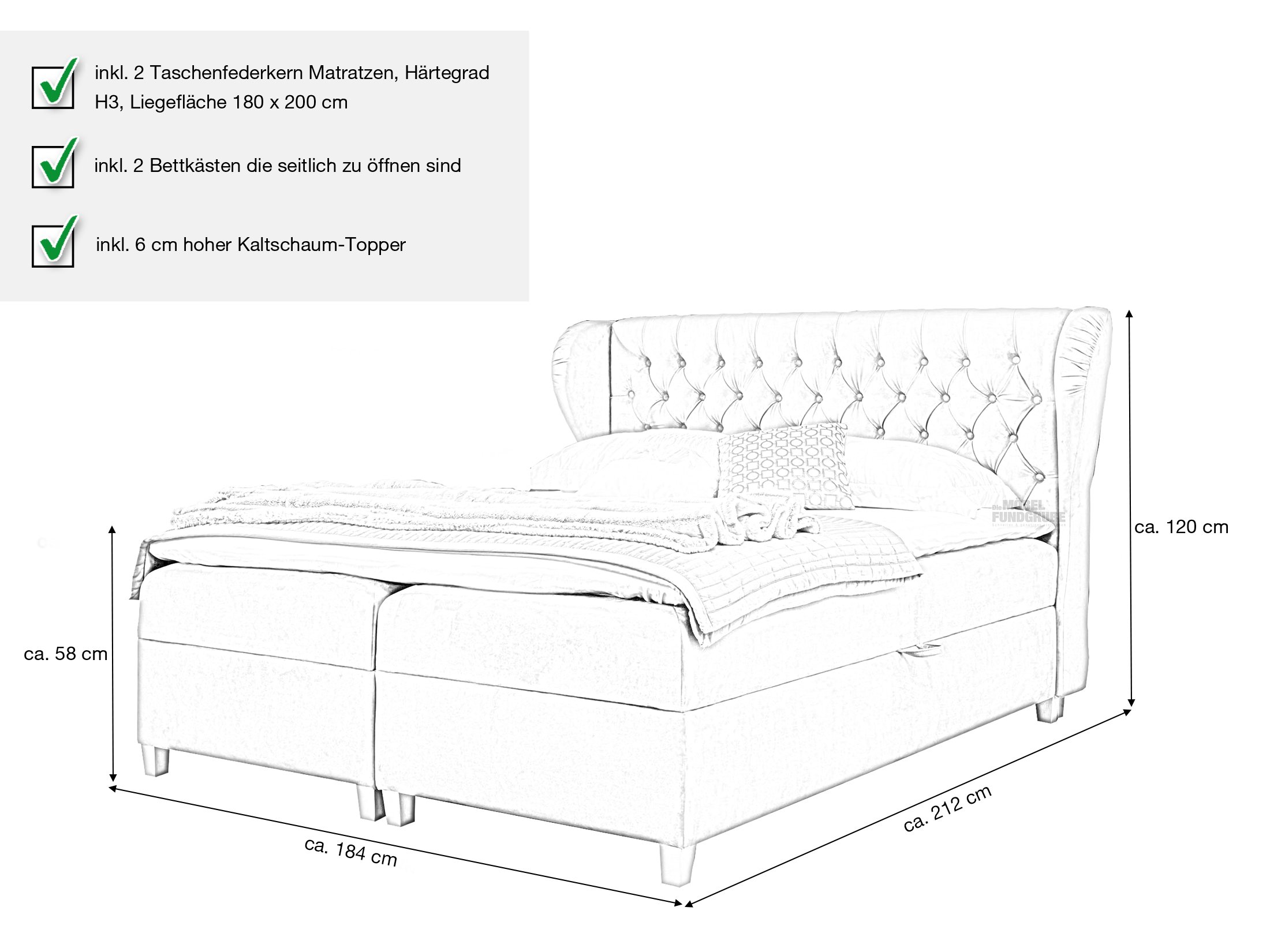Boxbett 180 x 200 cm grau Bettkasten - JOKER Boxbett 180 x 200 cm grau Bettkasten - JOKER