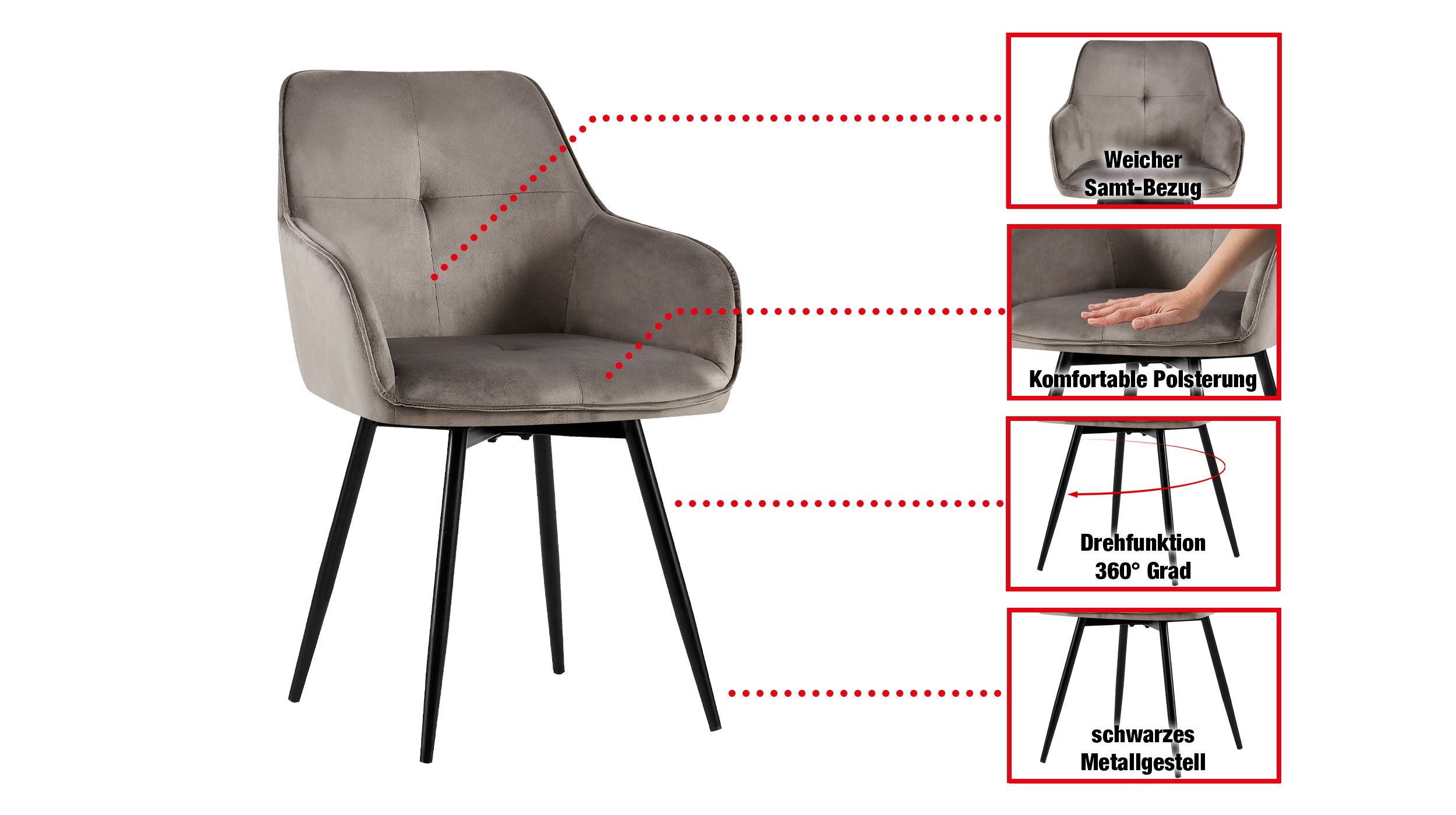 Armlehnstuhl grau Esszimmerstuhl - Samt Bezug - ALMA