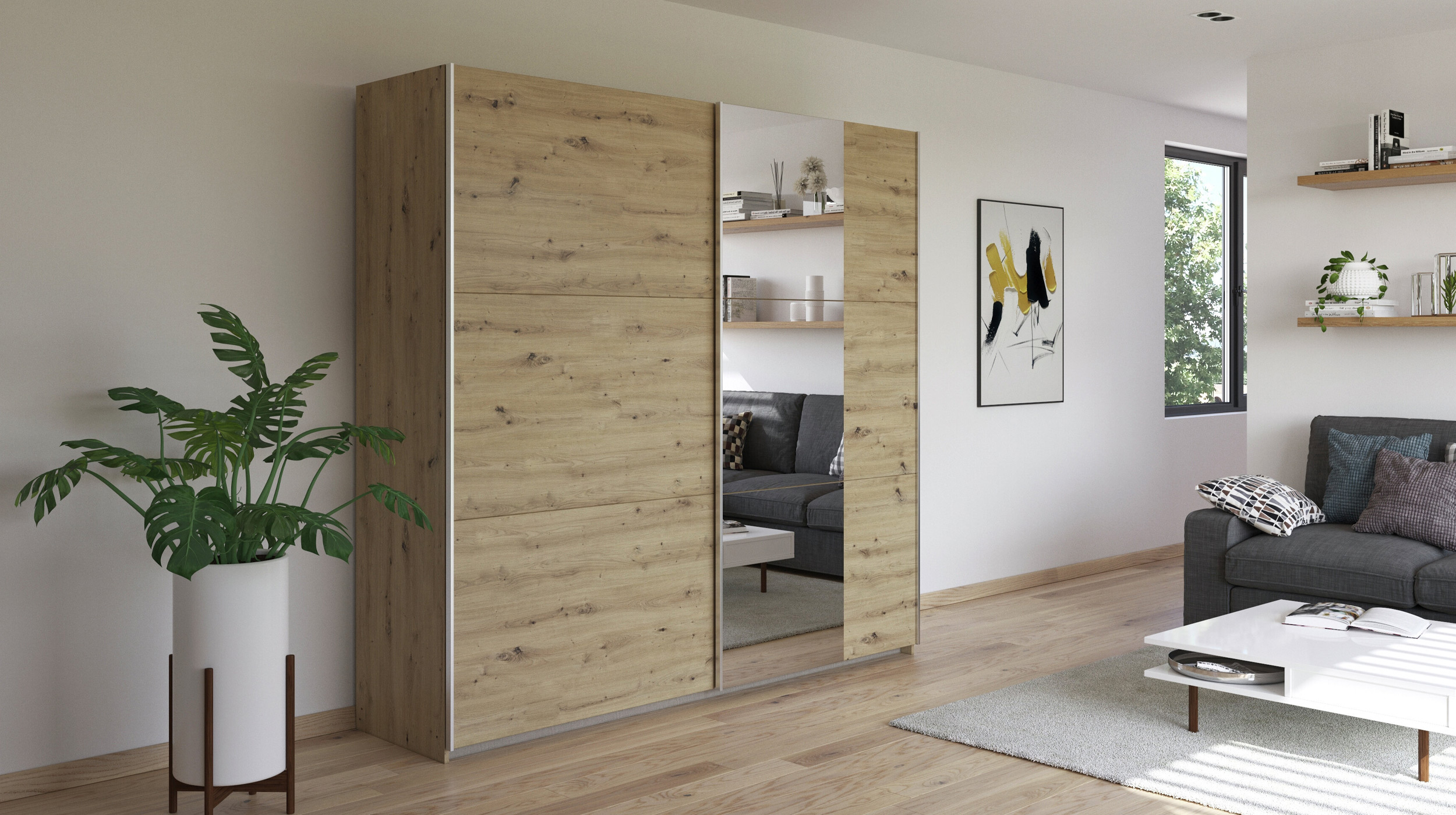 Schwebetürenschrank Spiegel Artisan Eiche 218 cm - rauch - KRONACH
