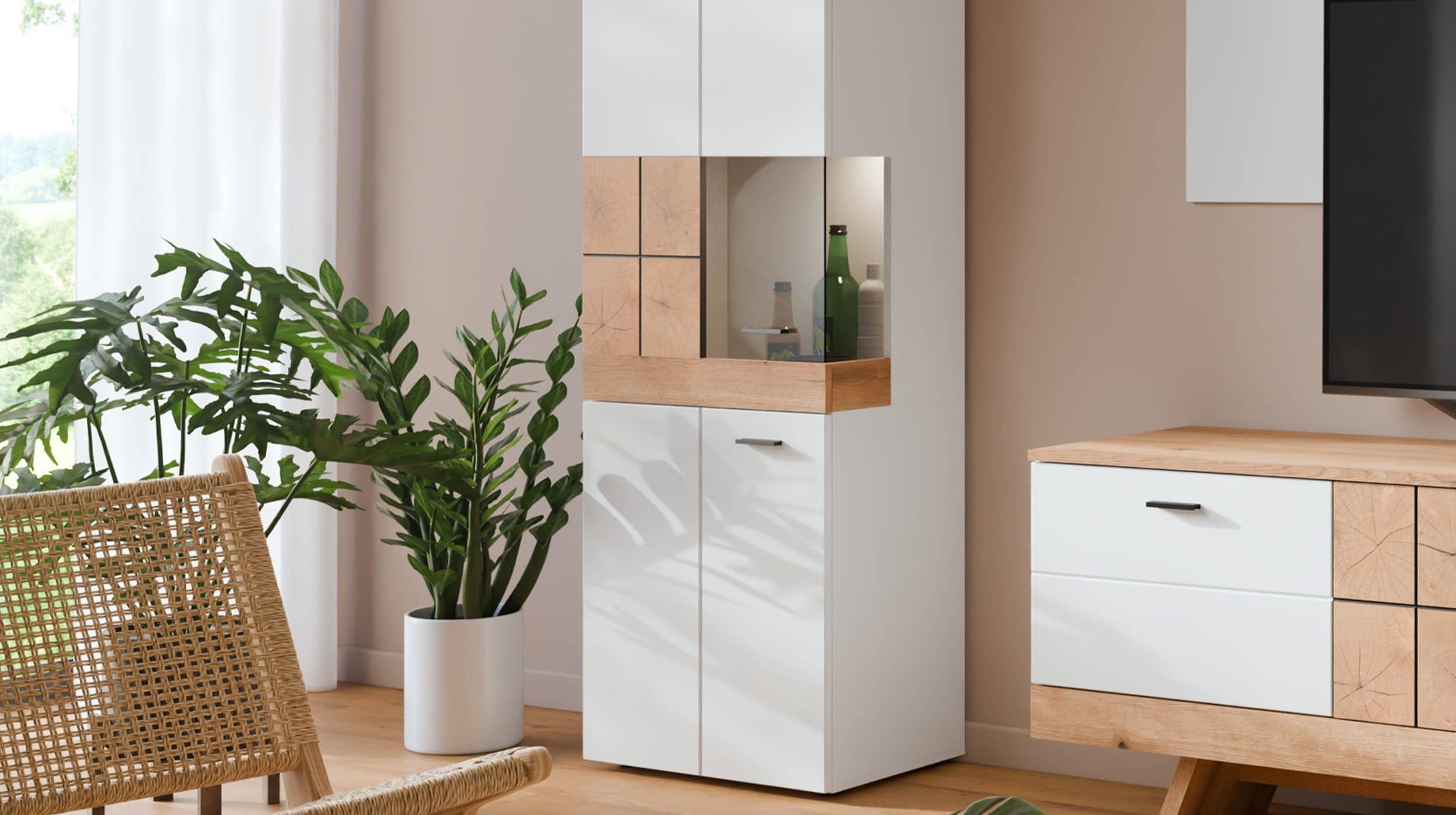 Vitrine mit Glastür weiß Hochglanz - Coast Evoke Eiche 55 cm - ORETA