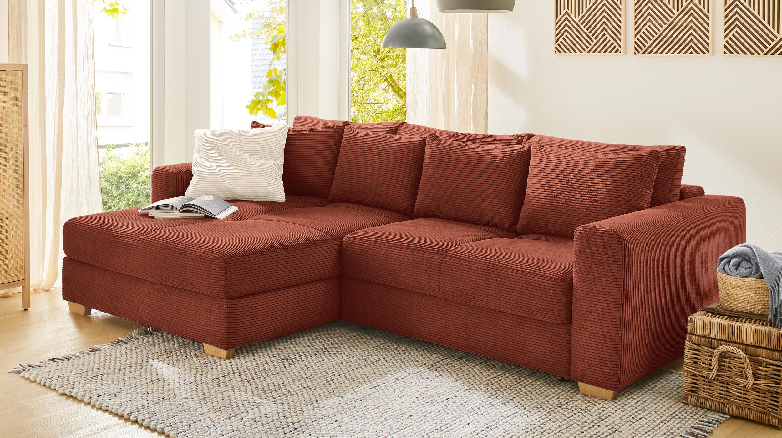 Ecksofa Cord rost Schlaffunktion Bettkasten 288 x 186 cm - KAMPEN