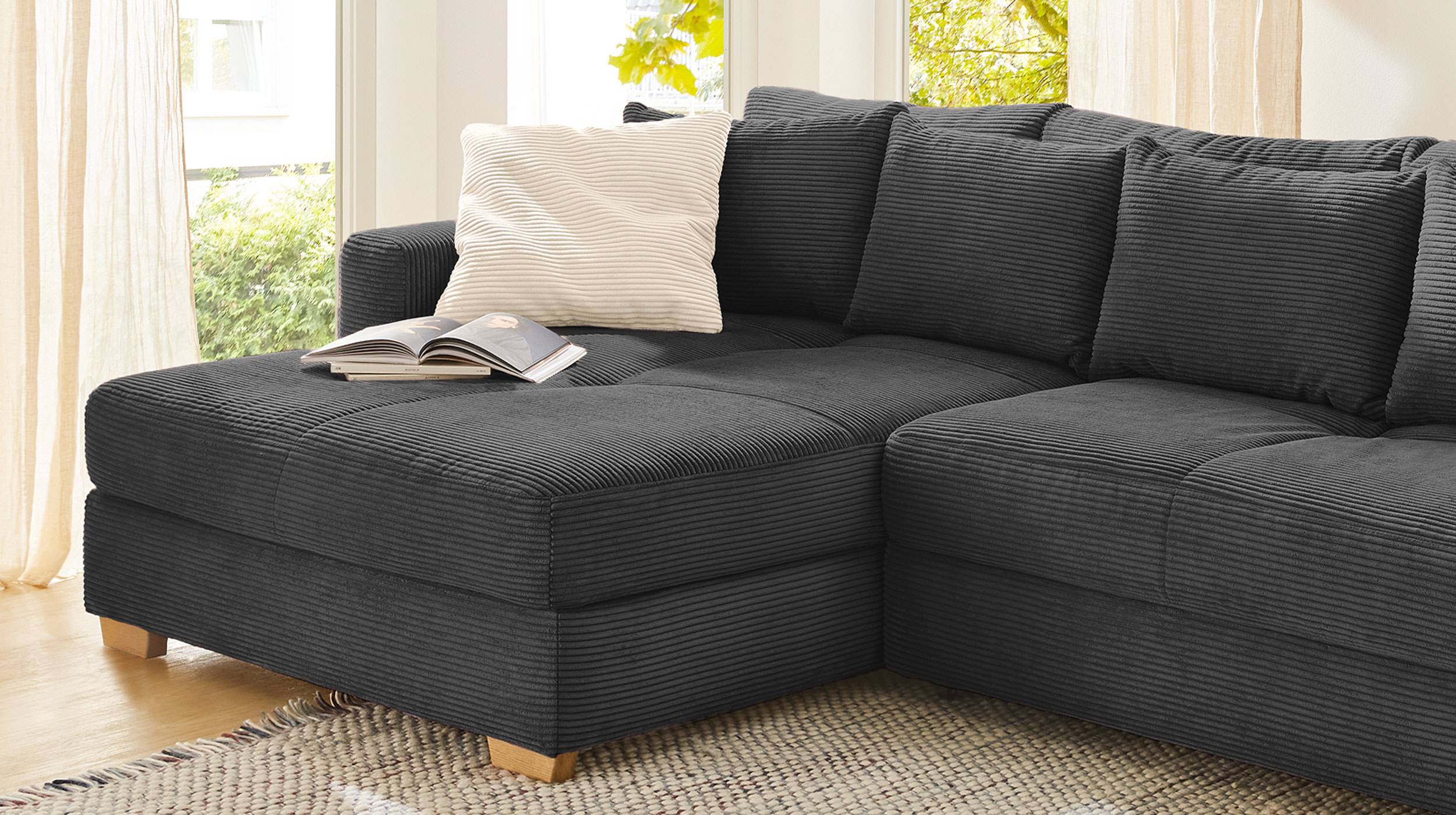 Ecksofa Cord grau Schlaffunktion Bettkasten 288 x 186 cm - KAMPEN