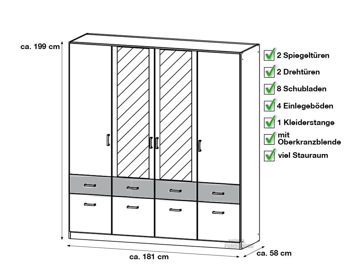 Kleiderschrank Spiegel - 181 cm - weiß - betonoptik - rauch - BREMEN-EXTRA