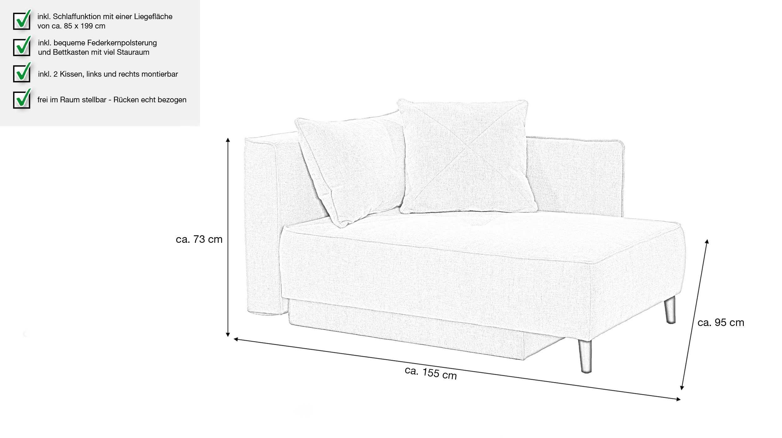 Einzelsofa Chenille beige 155 cm Recamiere mit Schlaffunktion - REX