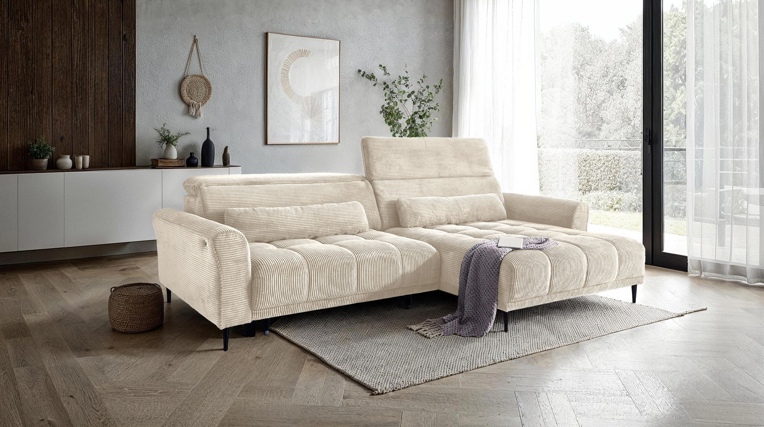 Ecksofa Cord beige ausziehbar - Sitztiefenverstellung - 277 cm - OT rechts - LOGAN