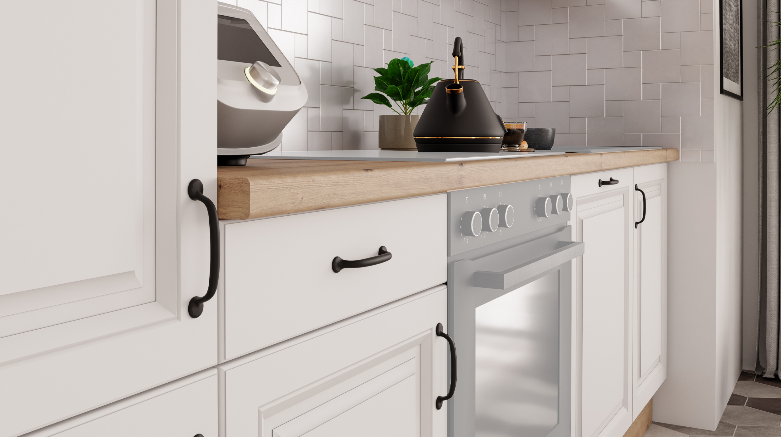 Küchenzeile - weiß matt - Artisan Eiche - 280 cm - ohne Elektrogeräte - STINA 