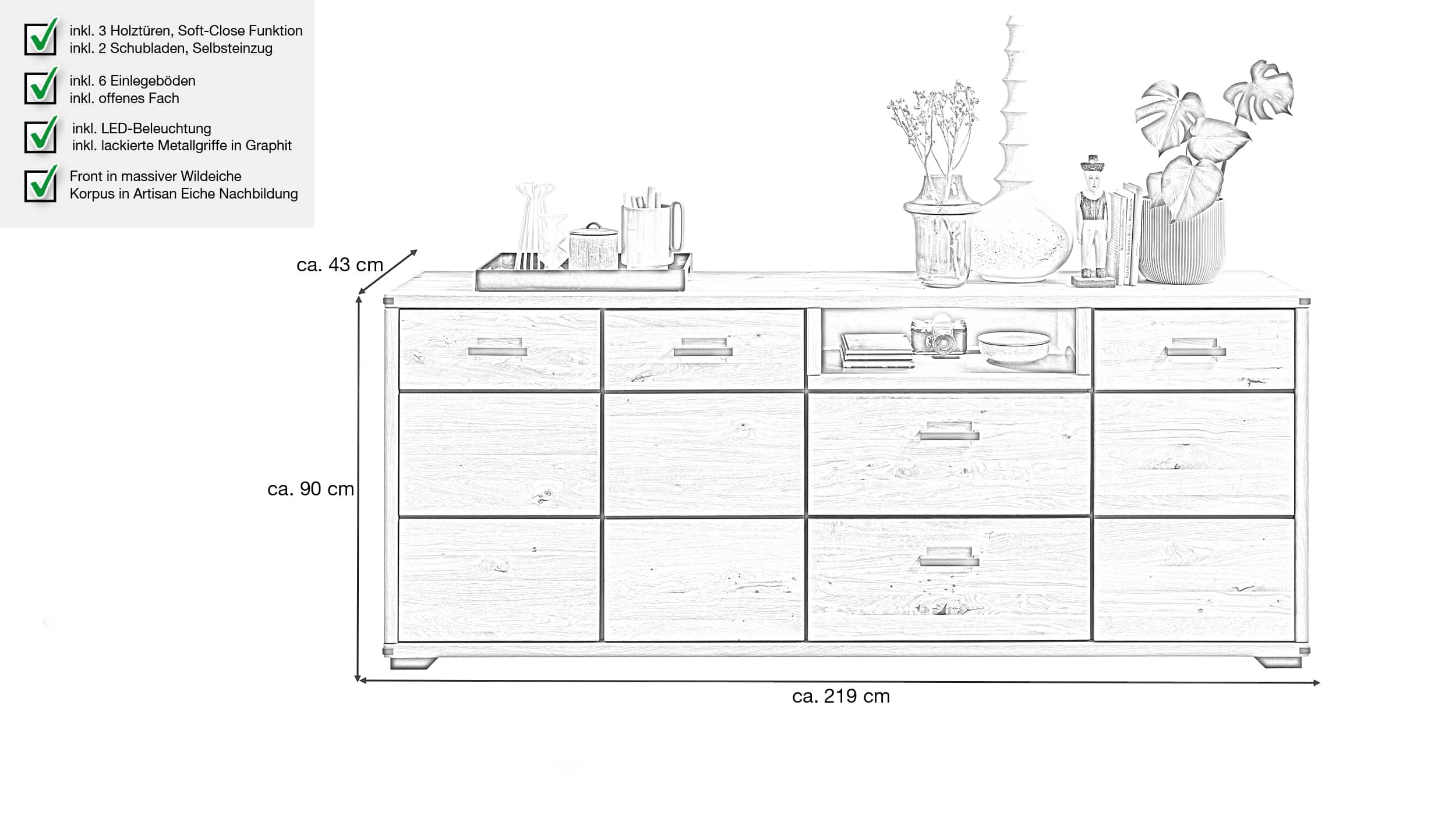 Sideboard mit Beleuchtung Wildeiche teilmassiv 219 cm - CATANIA