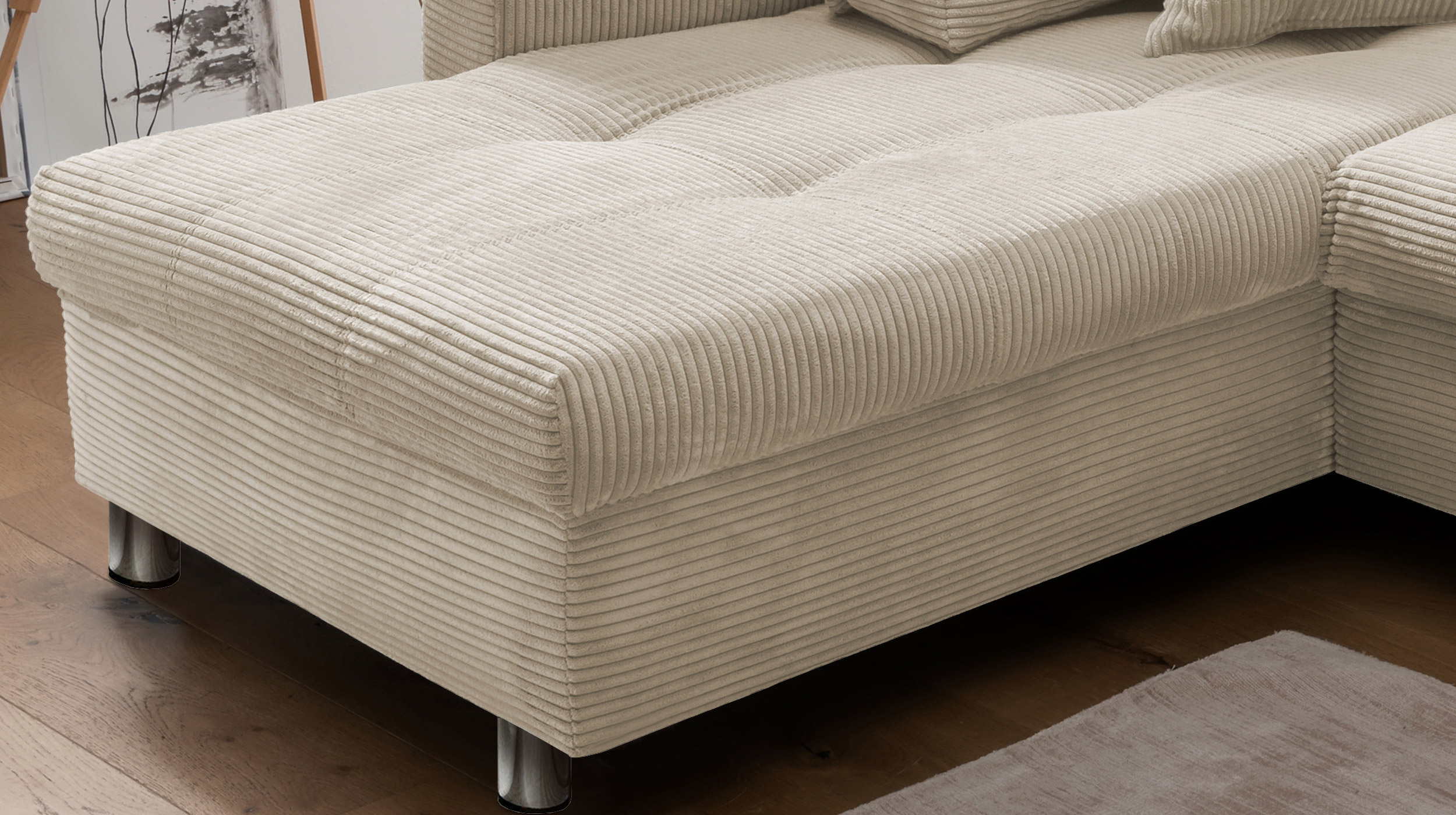 Ecksofa Cord beige Schlaffunktion Bettkasten OT links - LUNARO