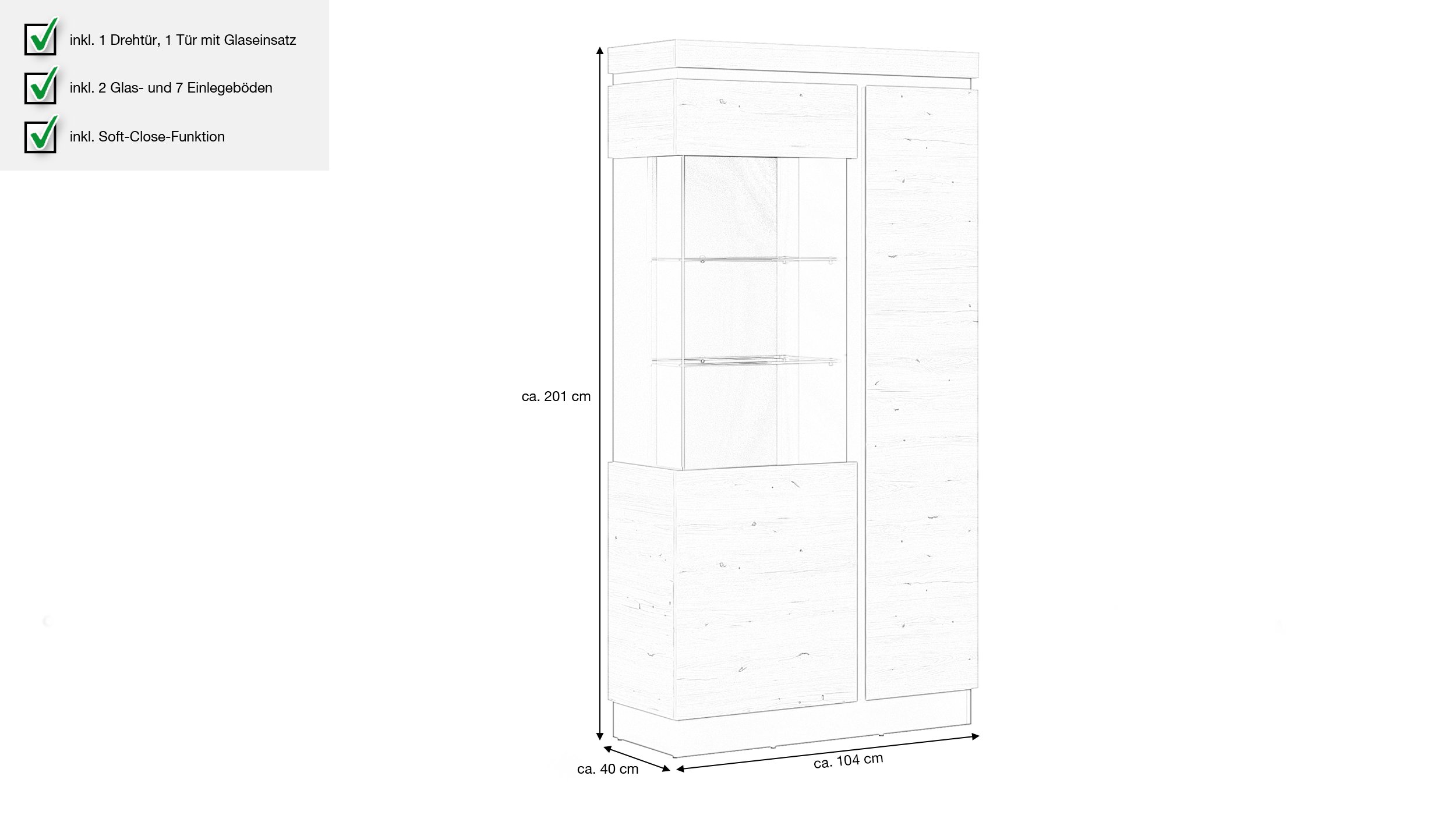Vitrine mit Glastür Coast Evoke Eiche - grau Breite 104 cm - CORTE