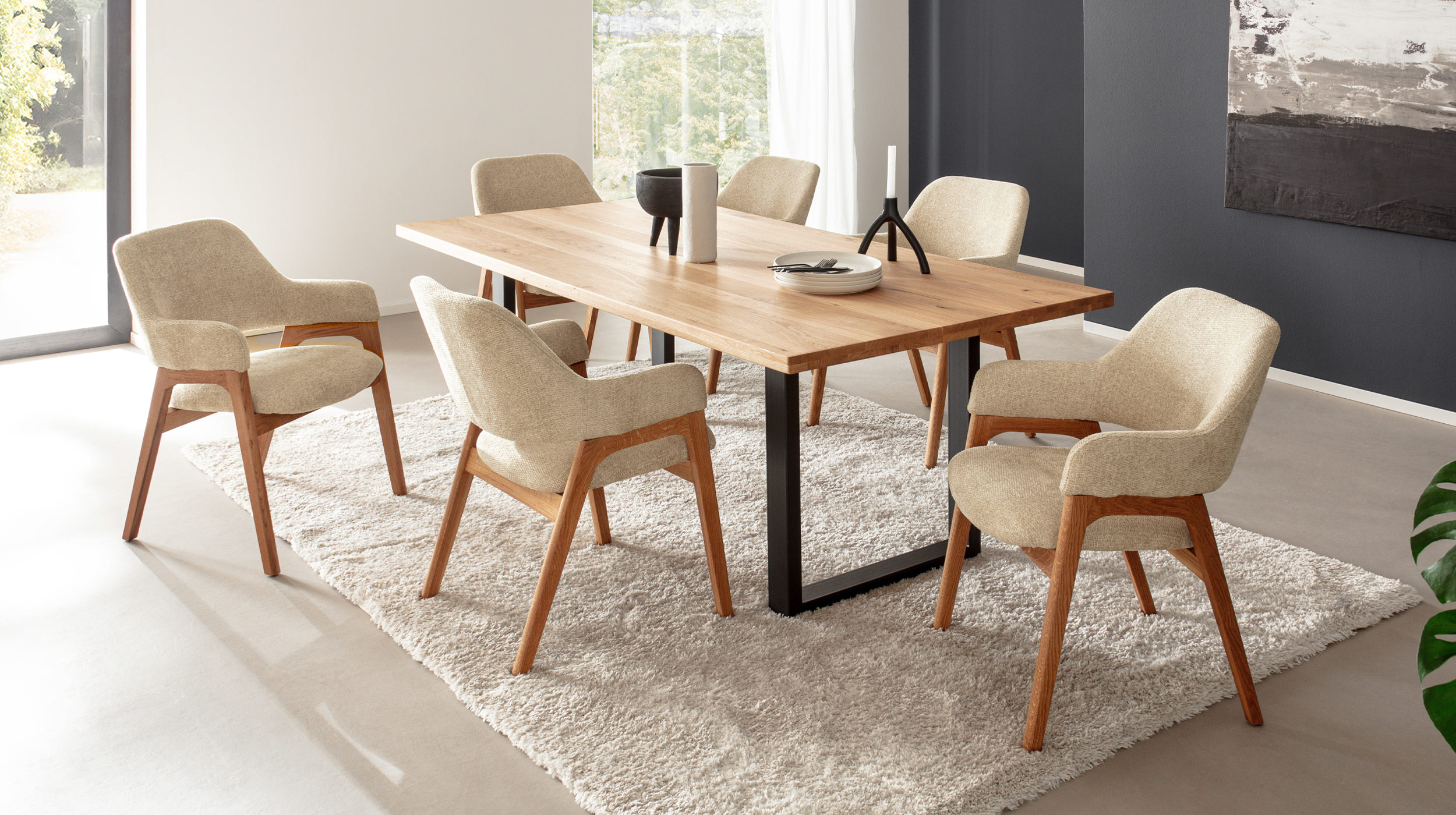 Armlehnstuhl beige Stoffbezug - Wildeiche massiv geölt - ALPENA