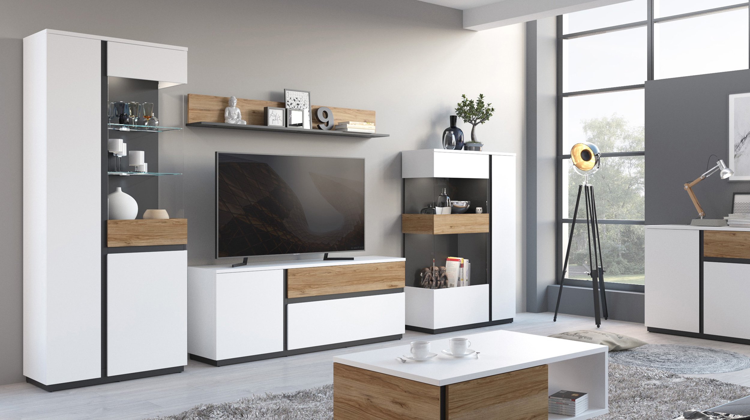 Vitrine mit Glastür alpinweiß - Catania Eiche Breite 84 cm - NOVENA