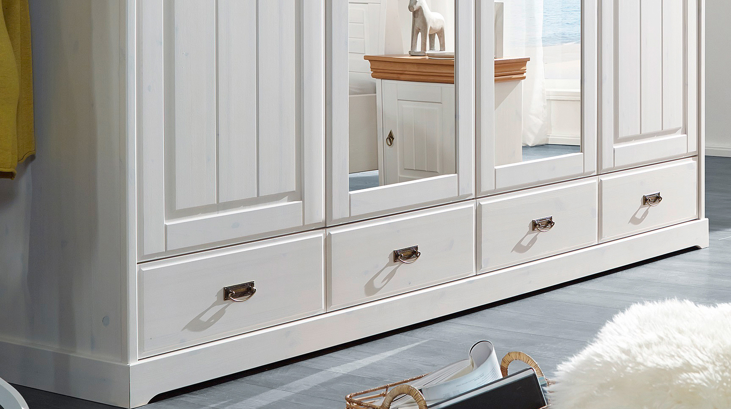 Kleiderschrank Spiegel - Kiefer Massivholz weiß - 255 cm - MATILDA