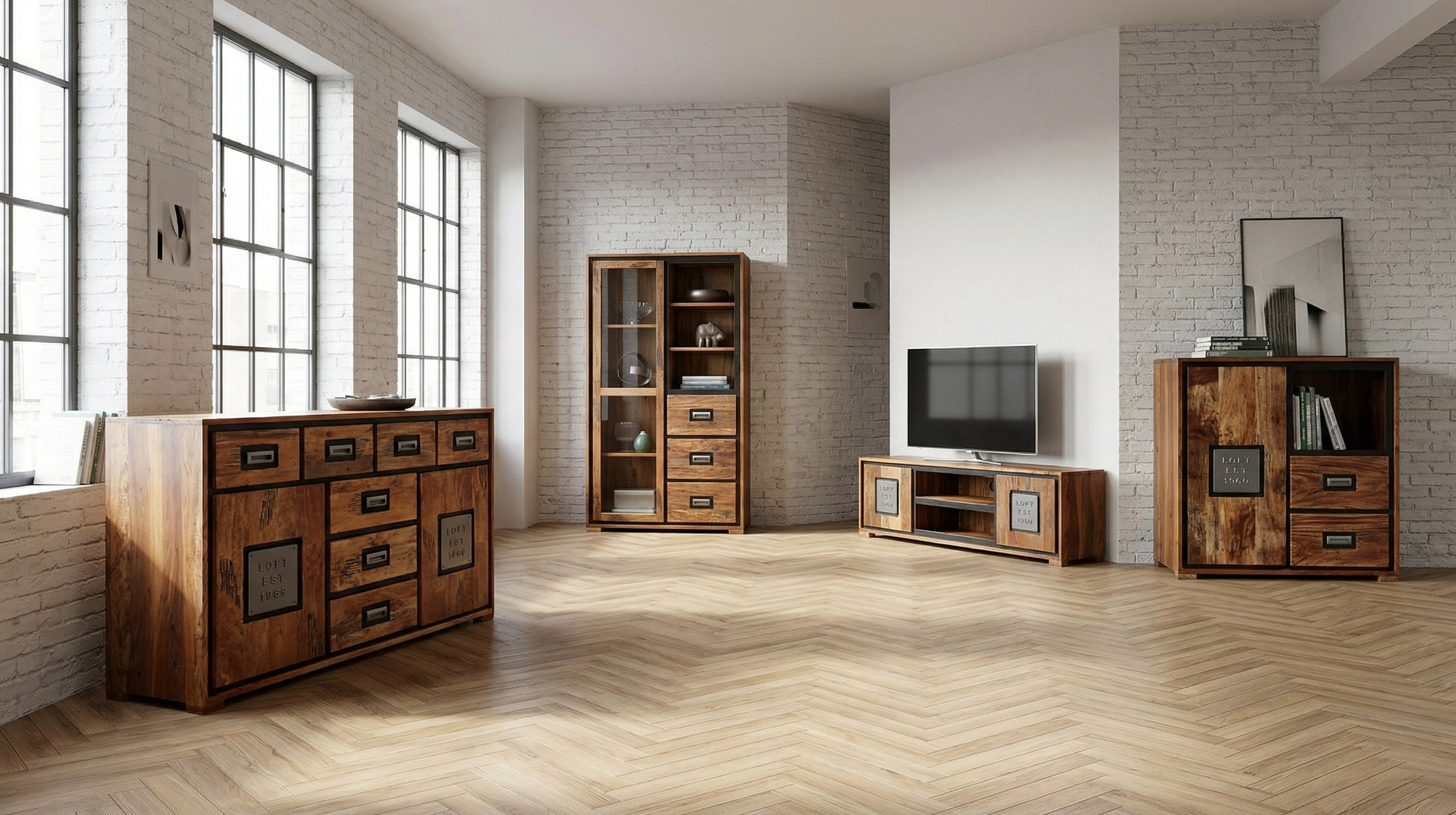 Highboard Akazie Altholz massiv montiert - 75 cm - NARVIK