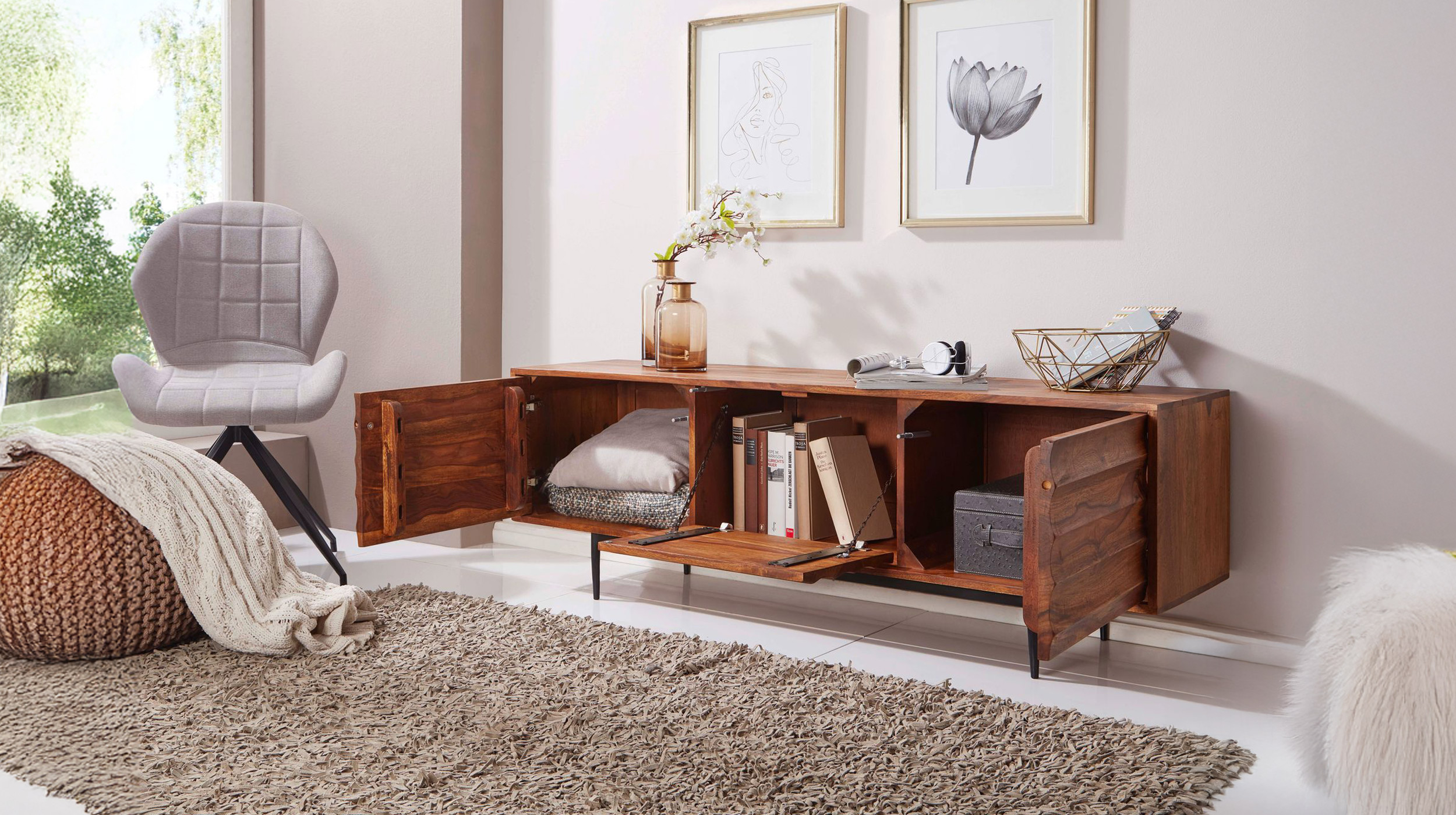 TV-Lowboard Sheesham massiv gebeizt 147 cm - TV-Board - RISA