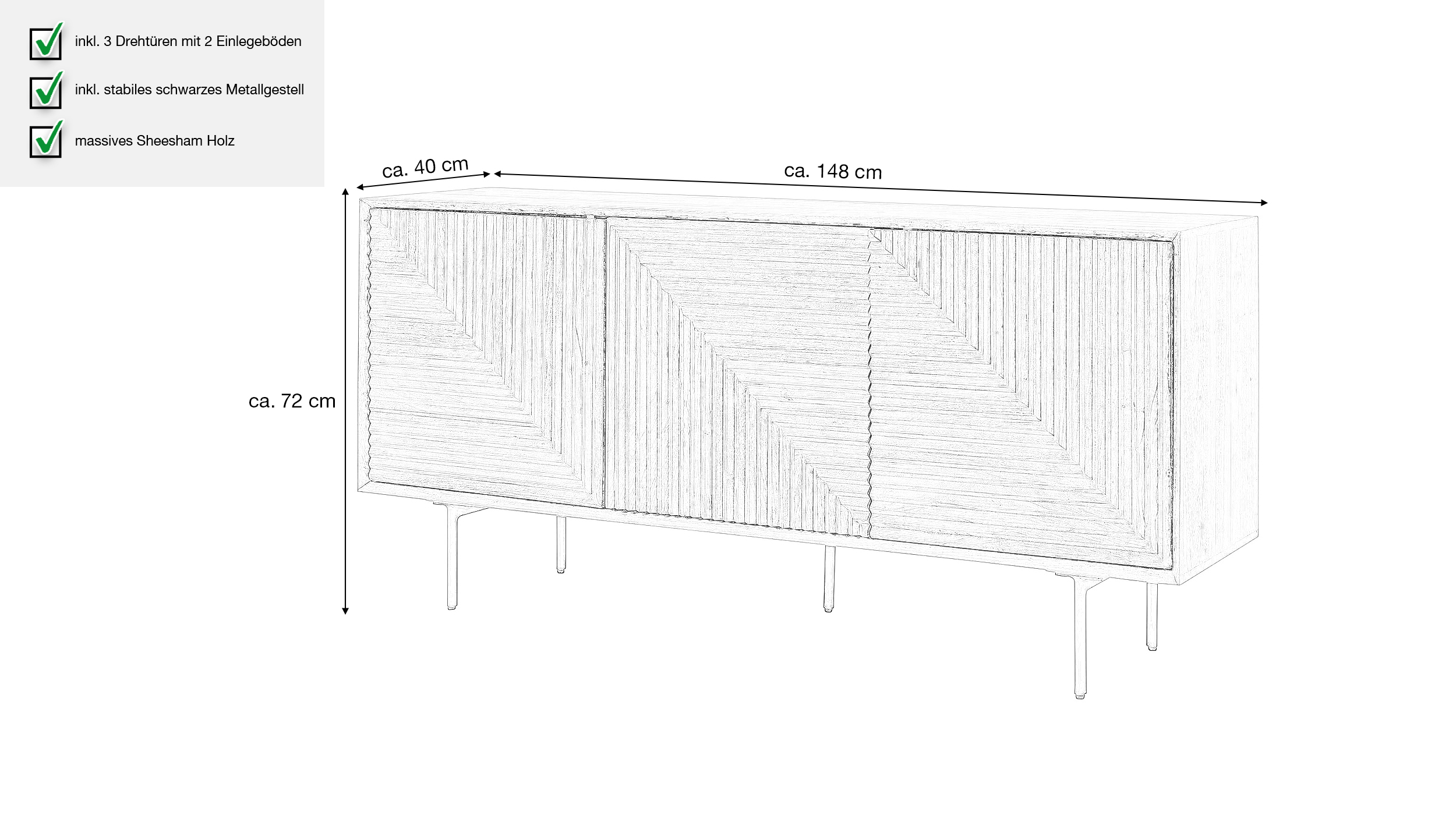 Sideboard Sheesham massiv 148 x 40 cm 3-türig -  DAINA