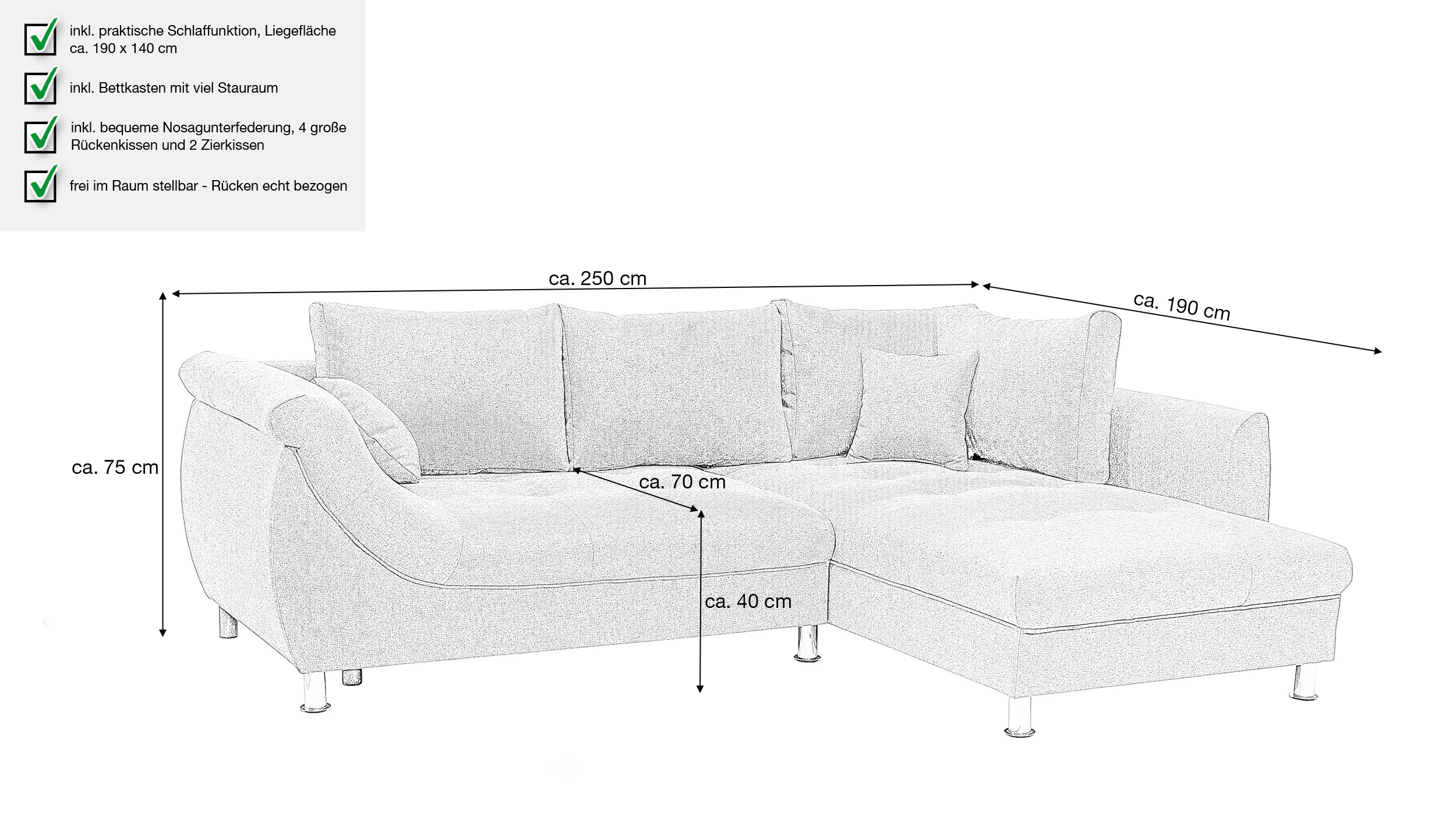 Ecksofa mit Schlaffunktion anthrazit Bettkasten 250 x 190 cm - TEXAS