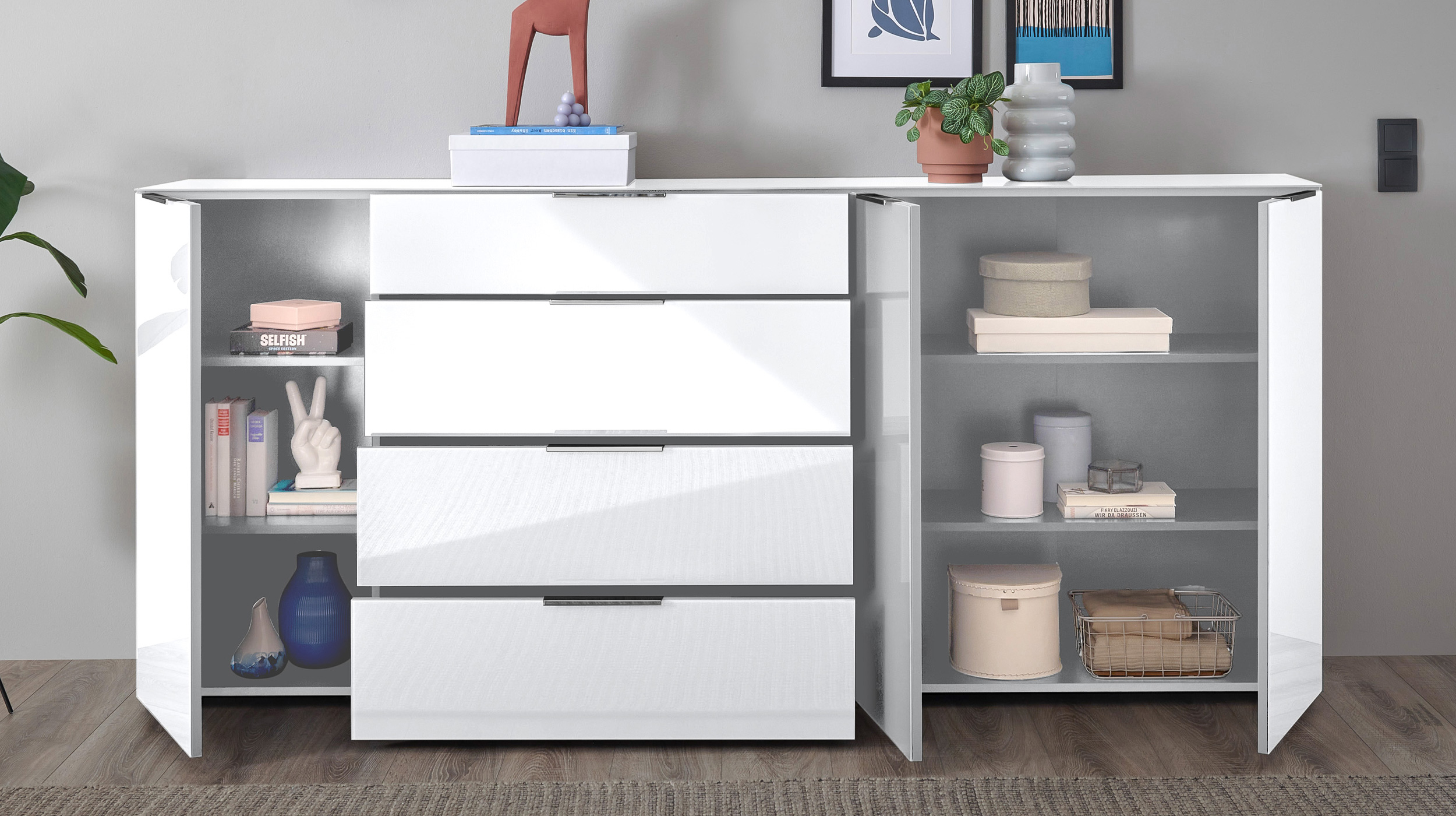 Sideboard 4 Schubladen - weiß - Glasfront - 226 cm - SANTORIN