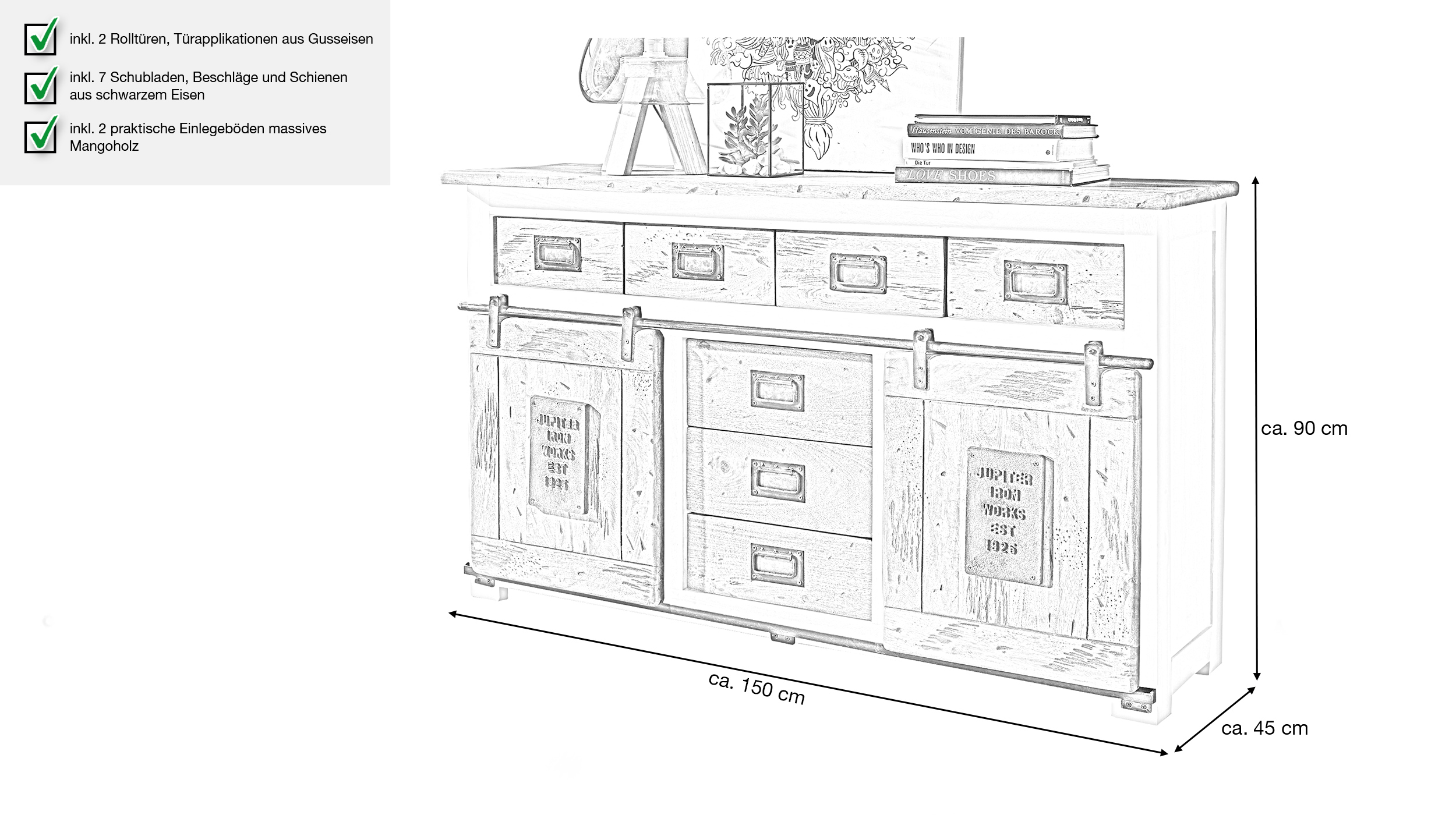 Sideboard mit 2 Rolltüren Mango massiv weiß 150 cm - EMANUEL