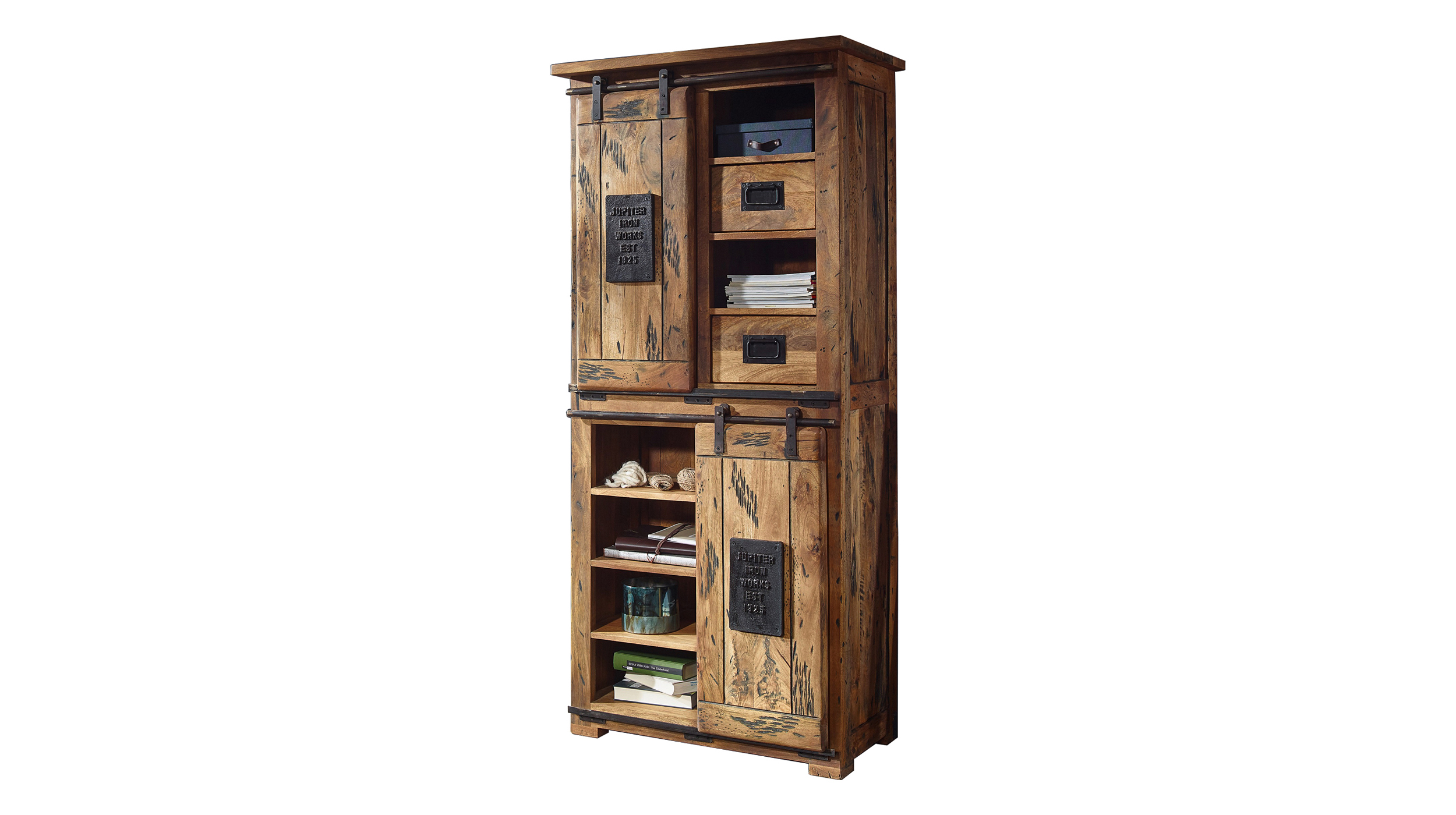 Highboard mit 2 Rolltüren Mango massiv 80 cm - montiert - EMANUEL