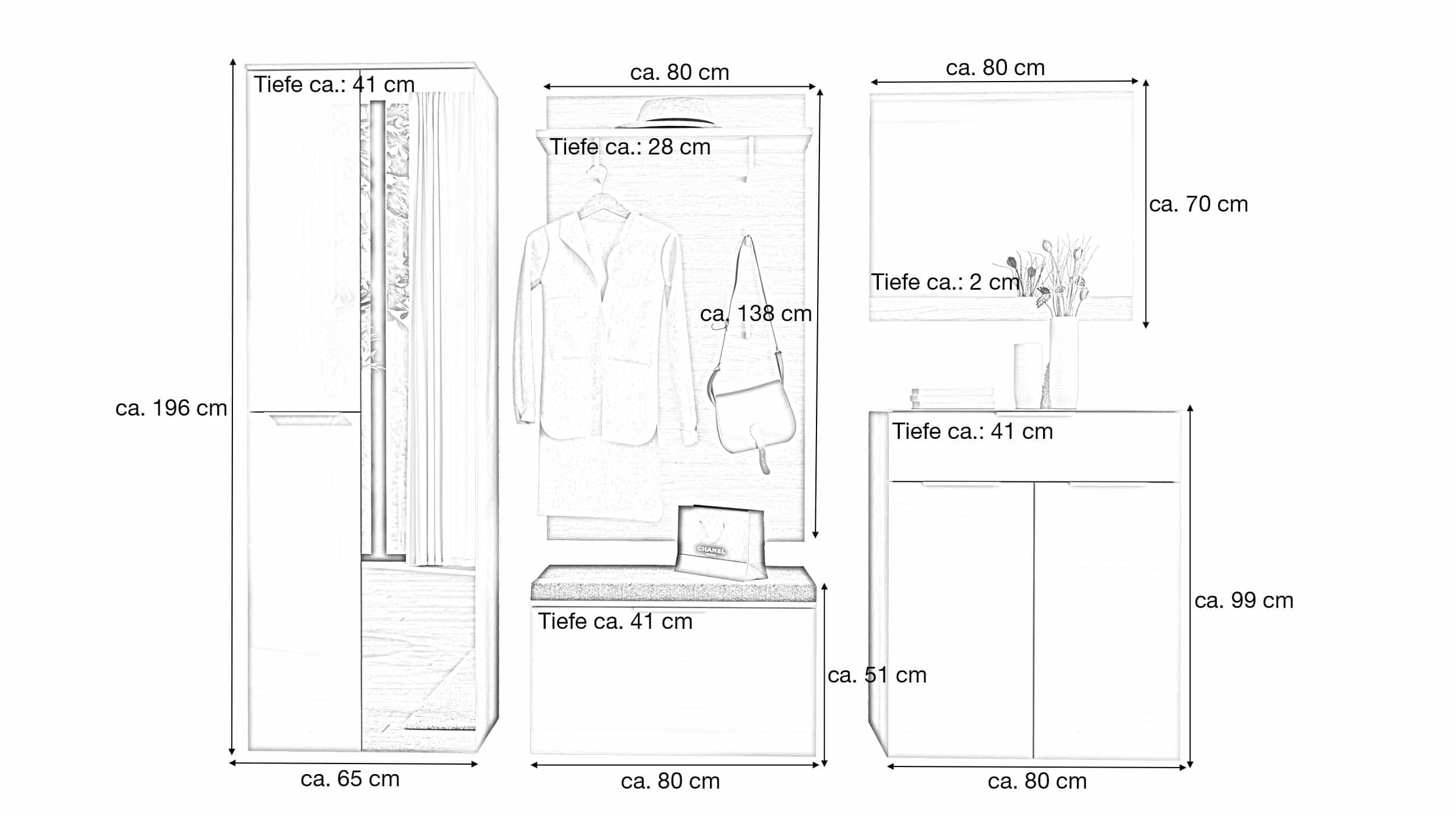 Garderoben-Set beige Glasfront Eiche 255 x 196 cm - SANTORIN