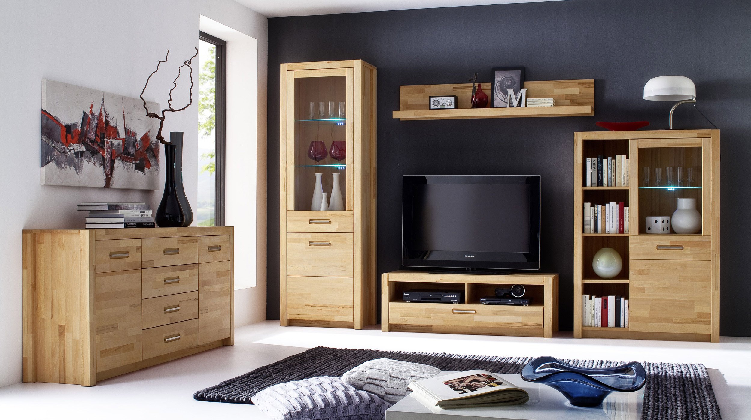 Highboard mit 1 Glastür Kernbuche massiv geölt 98 cm - FENJA