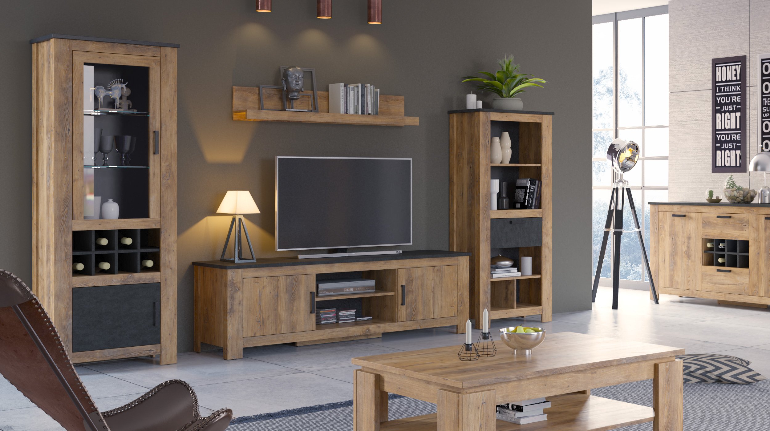 Vitrine mit Glastür Kastanie - grau Breite 74 cm - RAPALLO