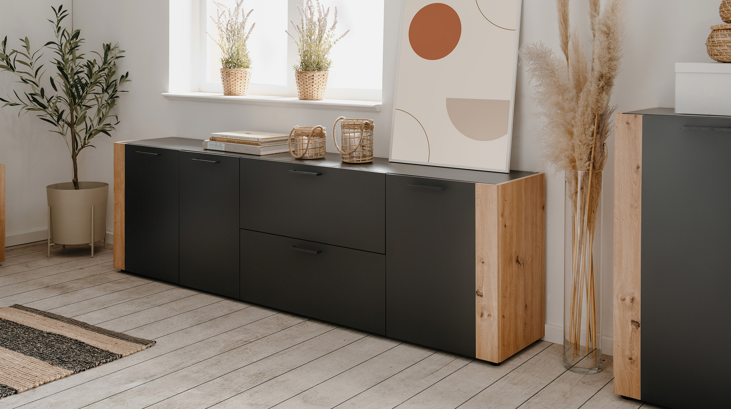 Sideboard mit 2 Schubladen anthrazit Artisan Eiche 198 cm - CENTO 