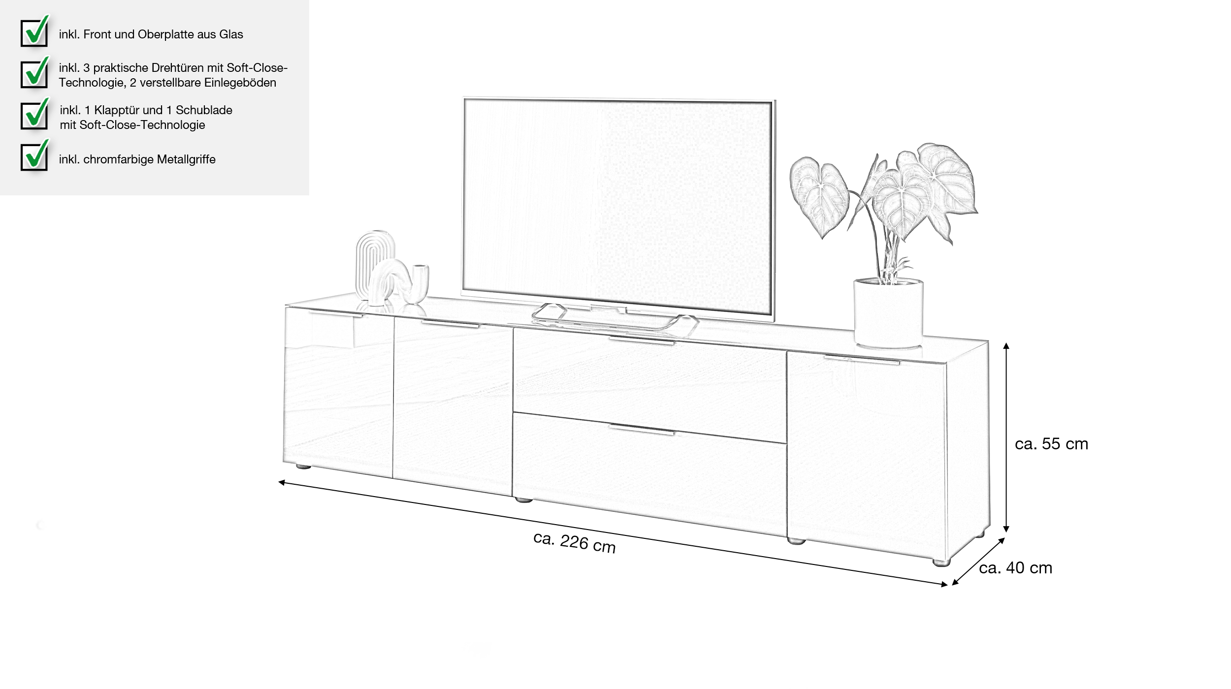 TV-Lowboard anthrazit - Glasfront - 226 cm - SANTORIN