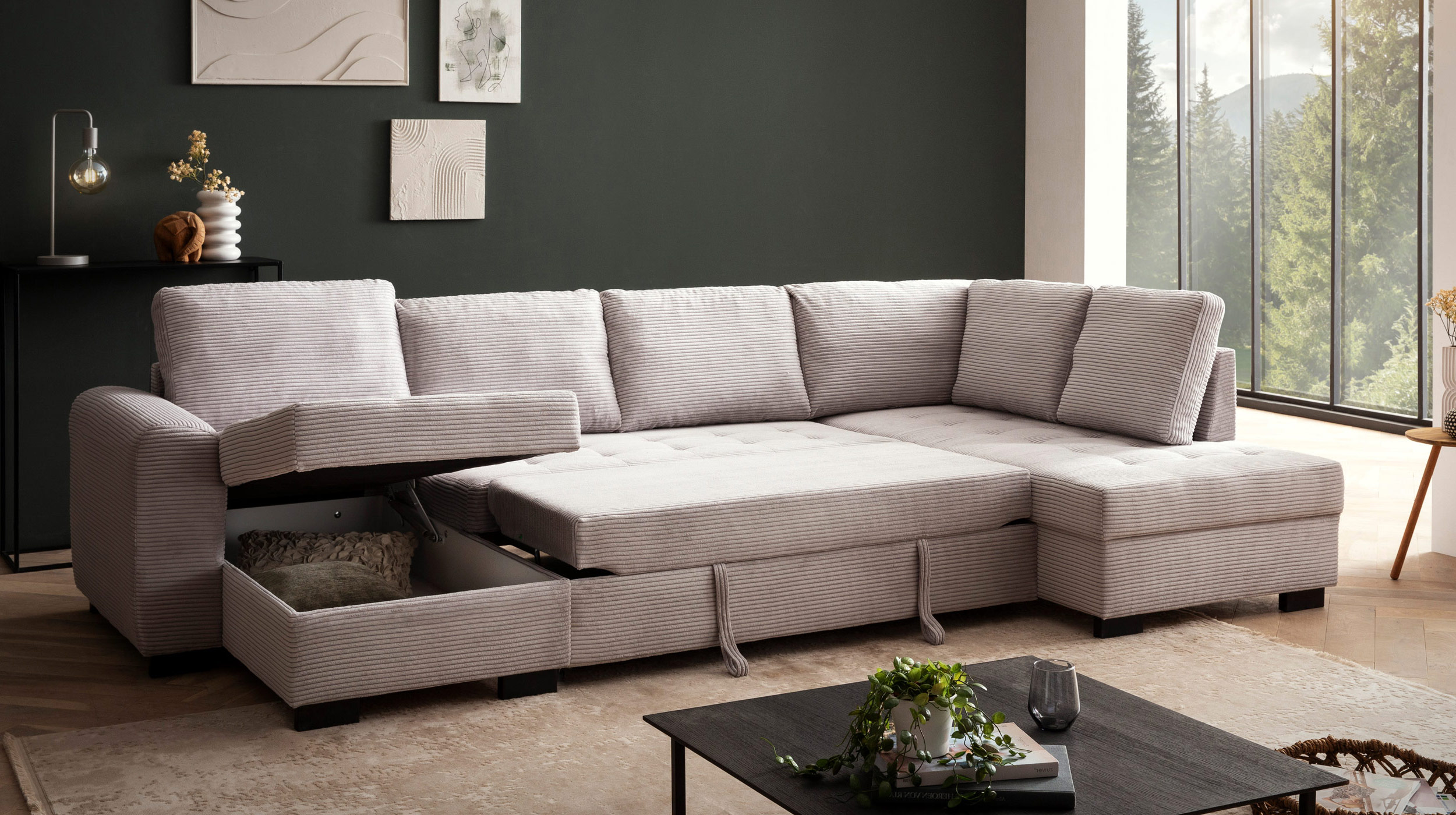 Wohnlandschaft Cord Schlaffunktion grau Bettkasten 305 cm - MALTE
