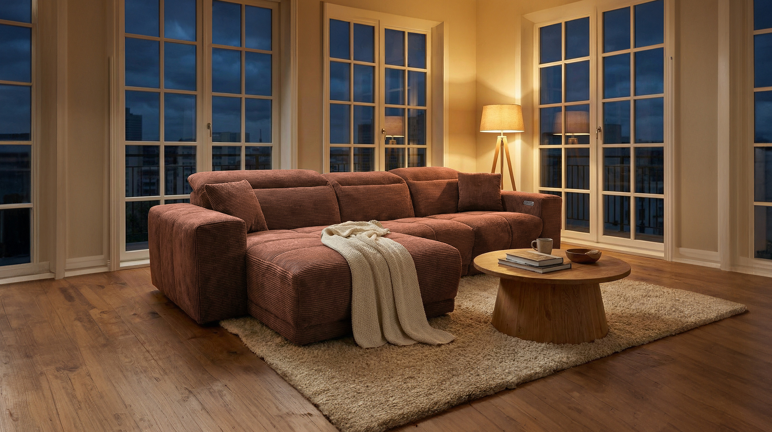 Ecksofa Cord rost 302 x 167 cm mit Relaxfunktion - OT links - TONI