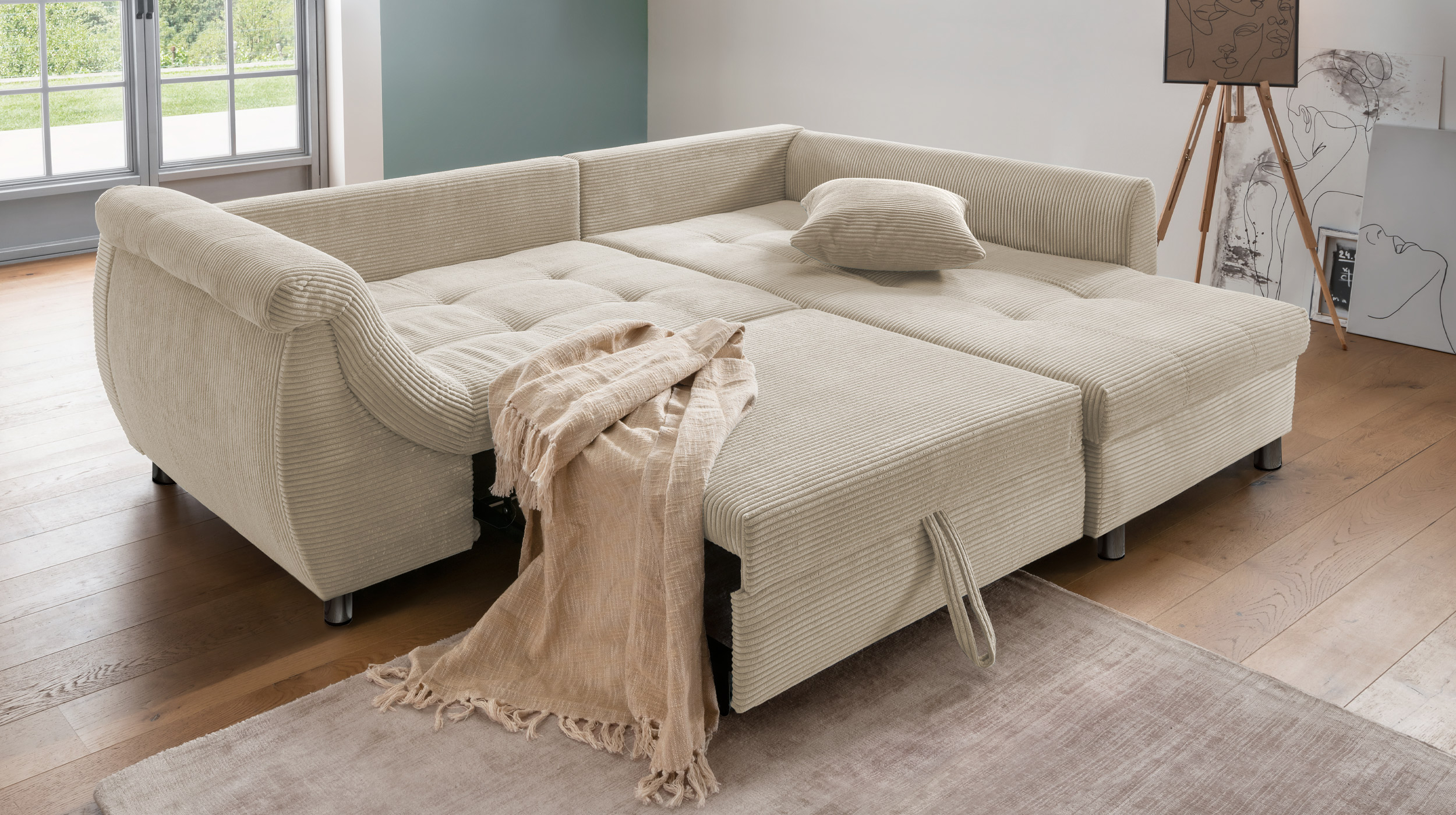 Ecksofa Cord beige Schlaffunktion Bettkasten 250 x 190 cm - AGIRA