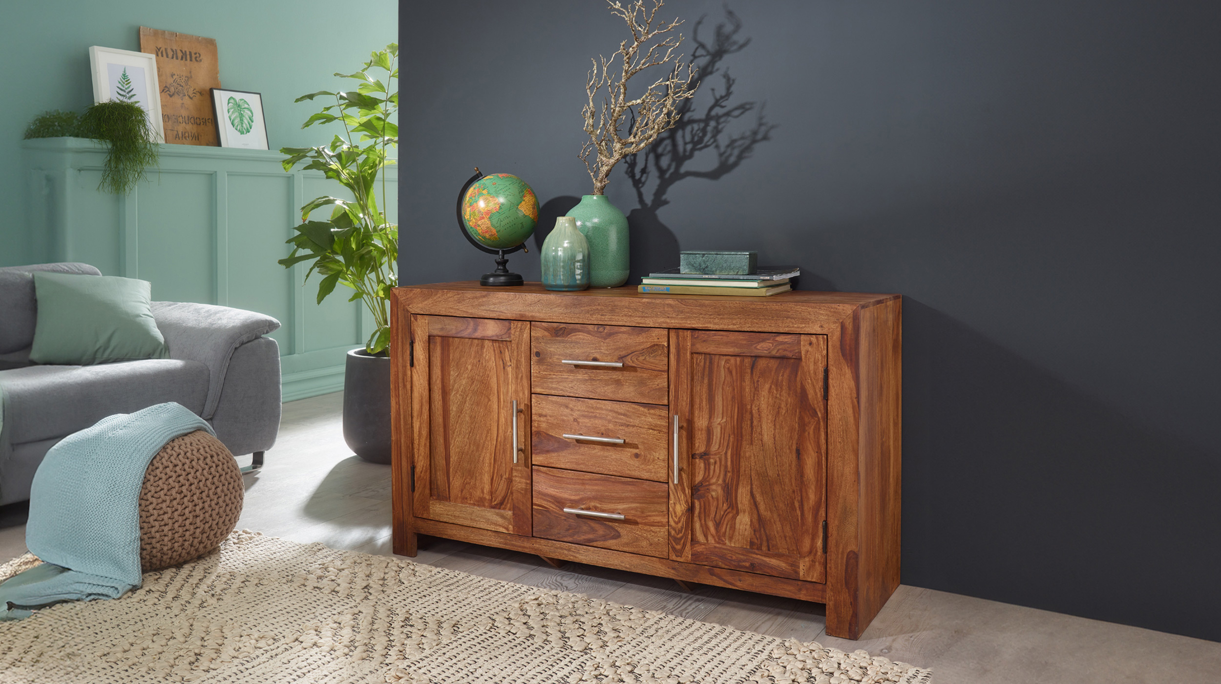 Sideboard mit 3 Schubladen Sheesham massiv 118 cm - SALLA 