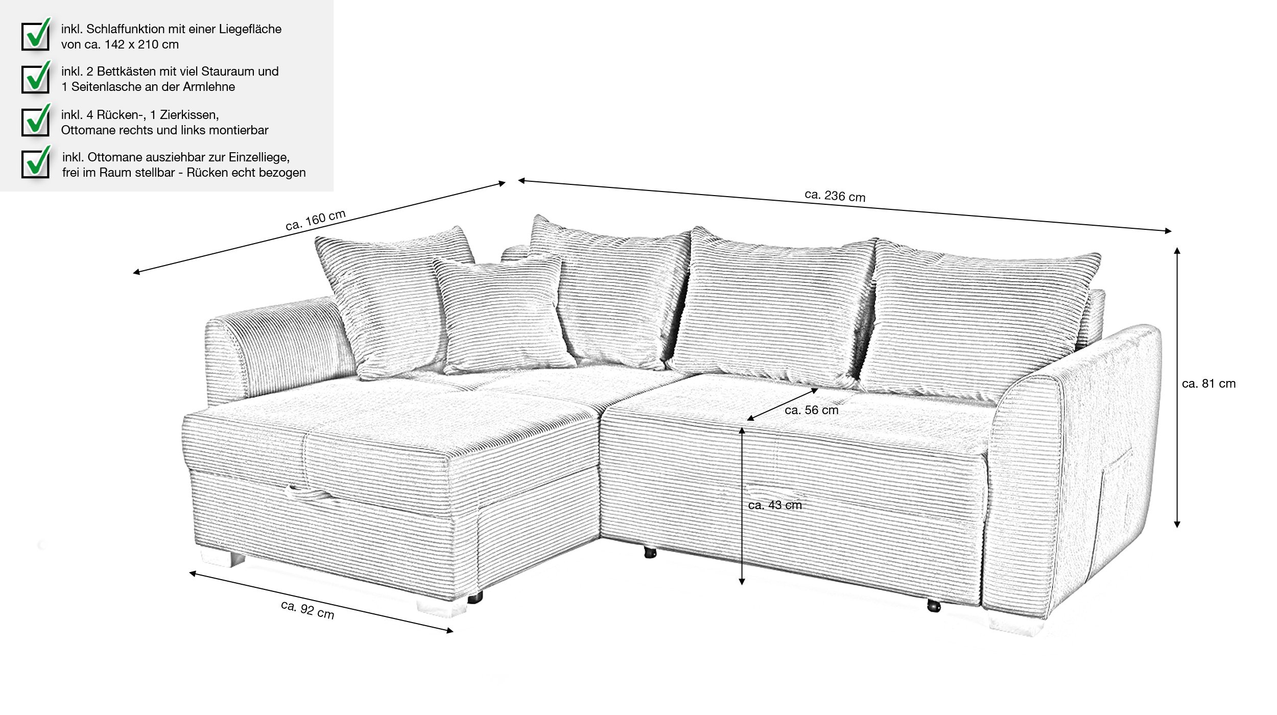 Ecksofa Cord grau Schlaffunktion Bettkasten 236 cm- BOOMER