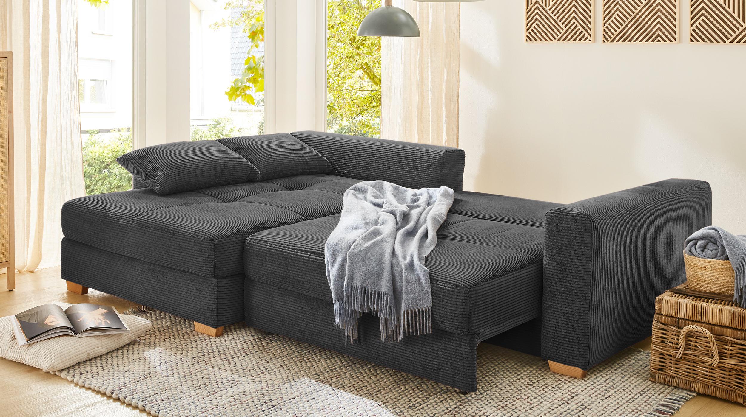Ecksofa Cord grau Schlaffunktion Bettkasten 288 x 186 cm - KAMPEN