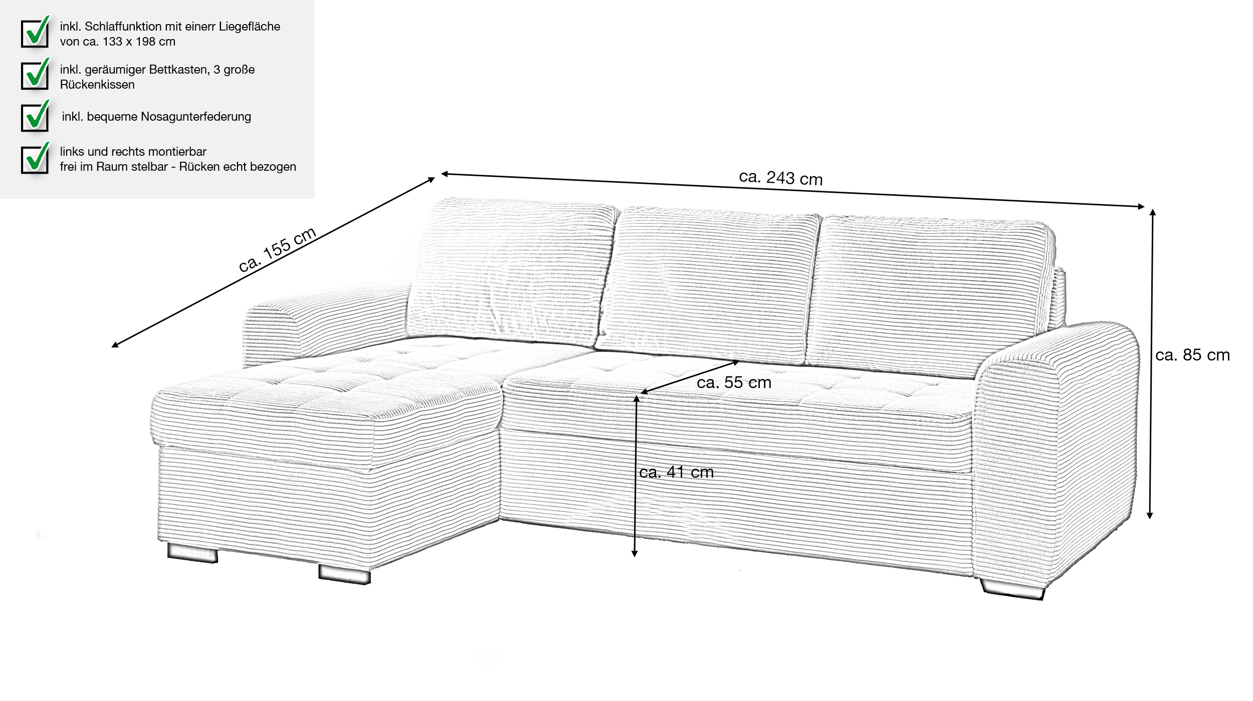 Ecksofa Cord beige mit Schlaffunktion 243 cm - Bettkasten - POLL