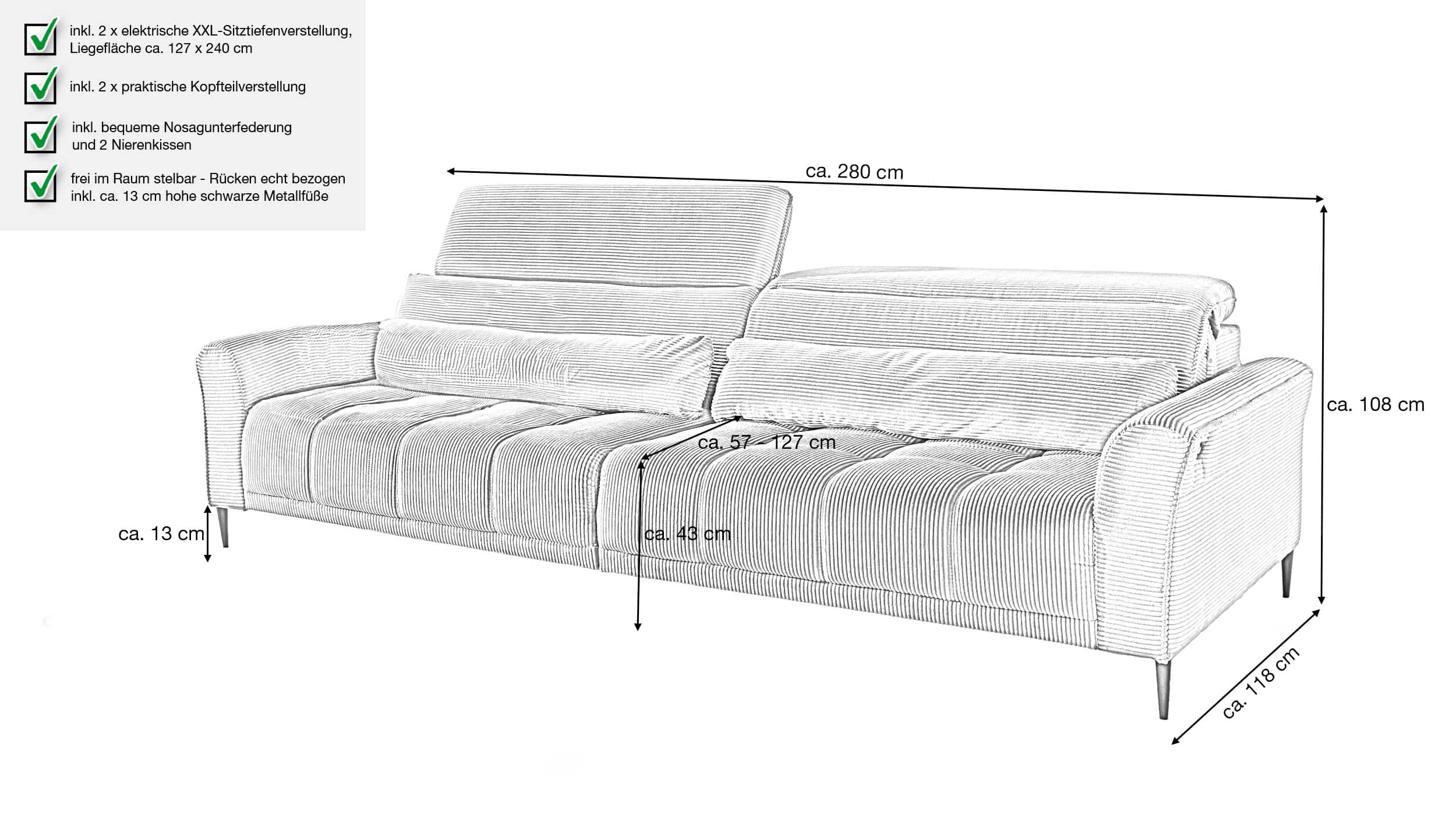 Big Sofa grau - Cordbezug - 280 cm - Nosagunterfederung - LOGAN 