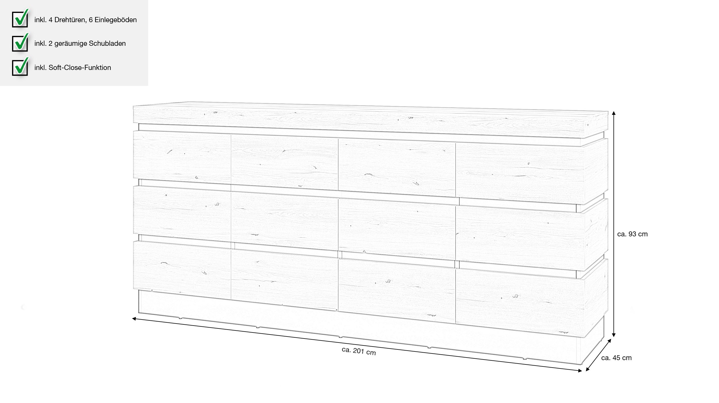 Sideboard Coast Evoke Eiche - grau 201 cm - CORTE