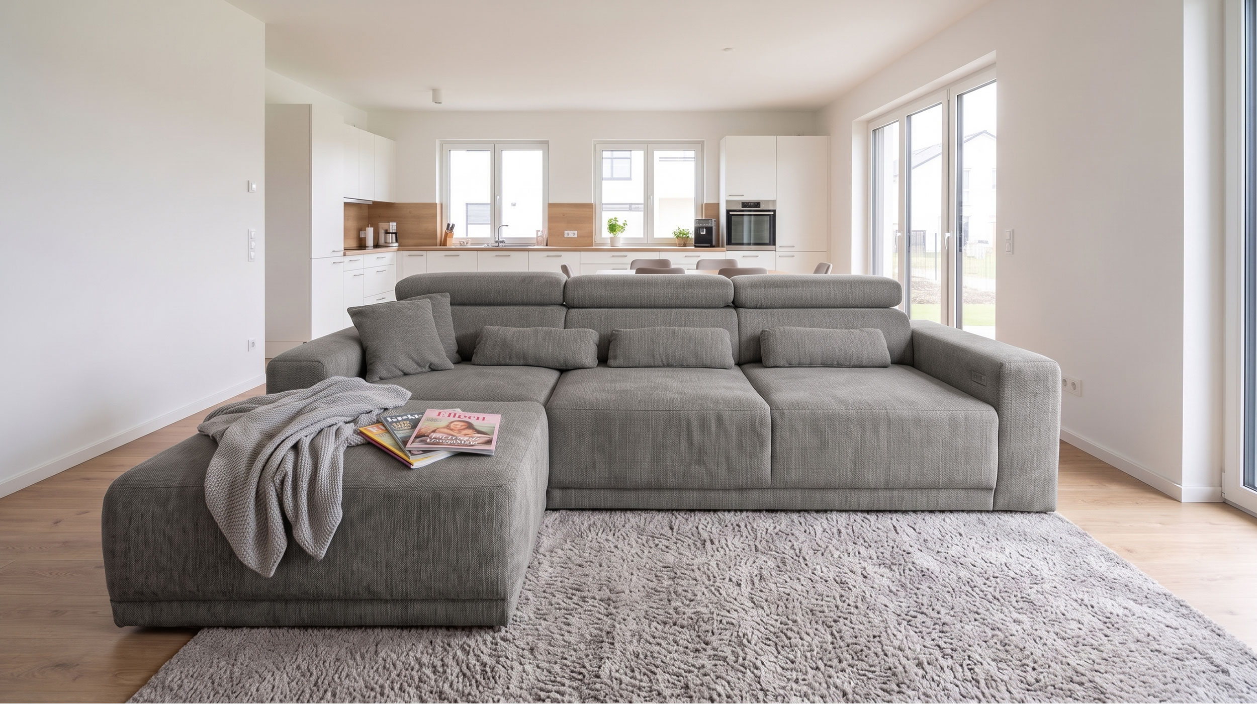 Ecksofa grau elektrisch ausfahrbar 285 cm - OT links - CASSIO 