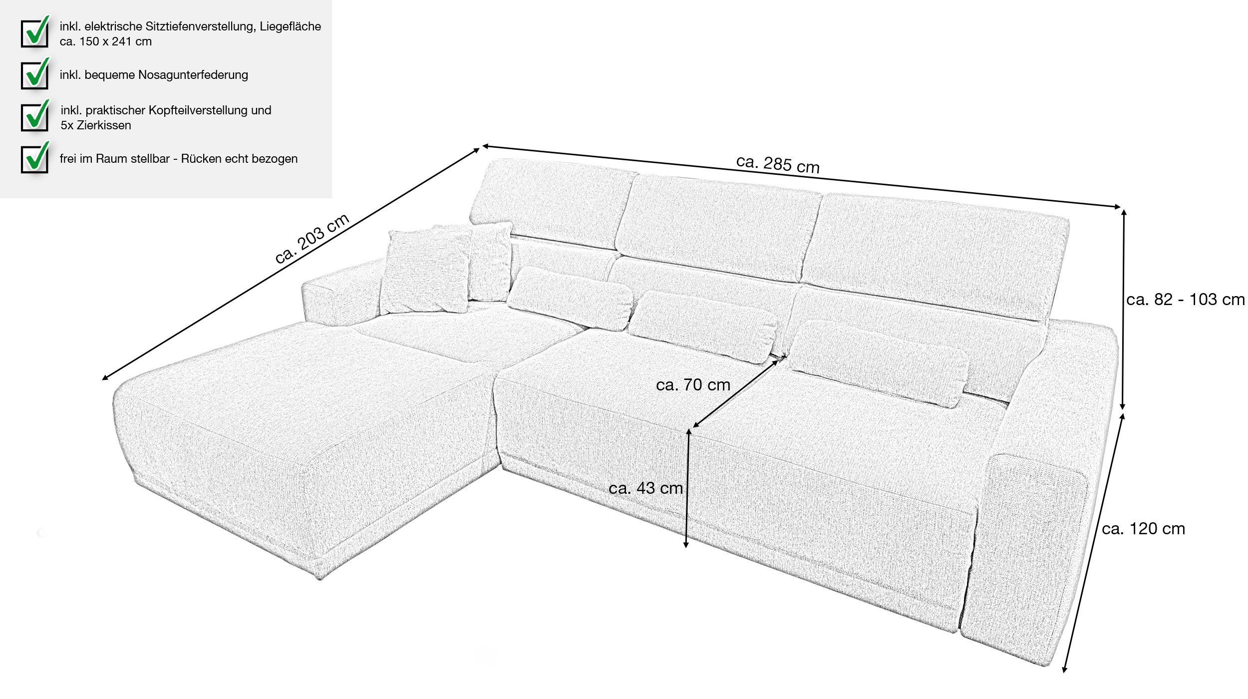 Ecksofa grau elektrische ausfahrbar 285 cm - CASSIO 