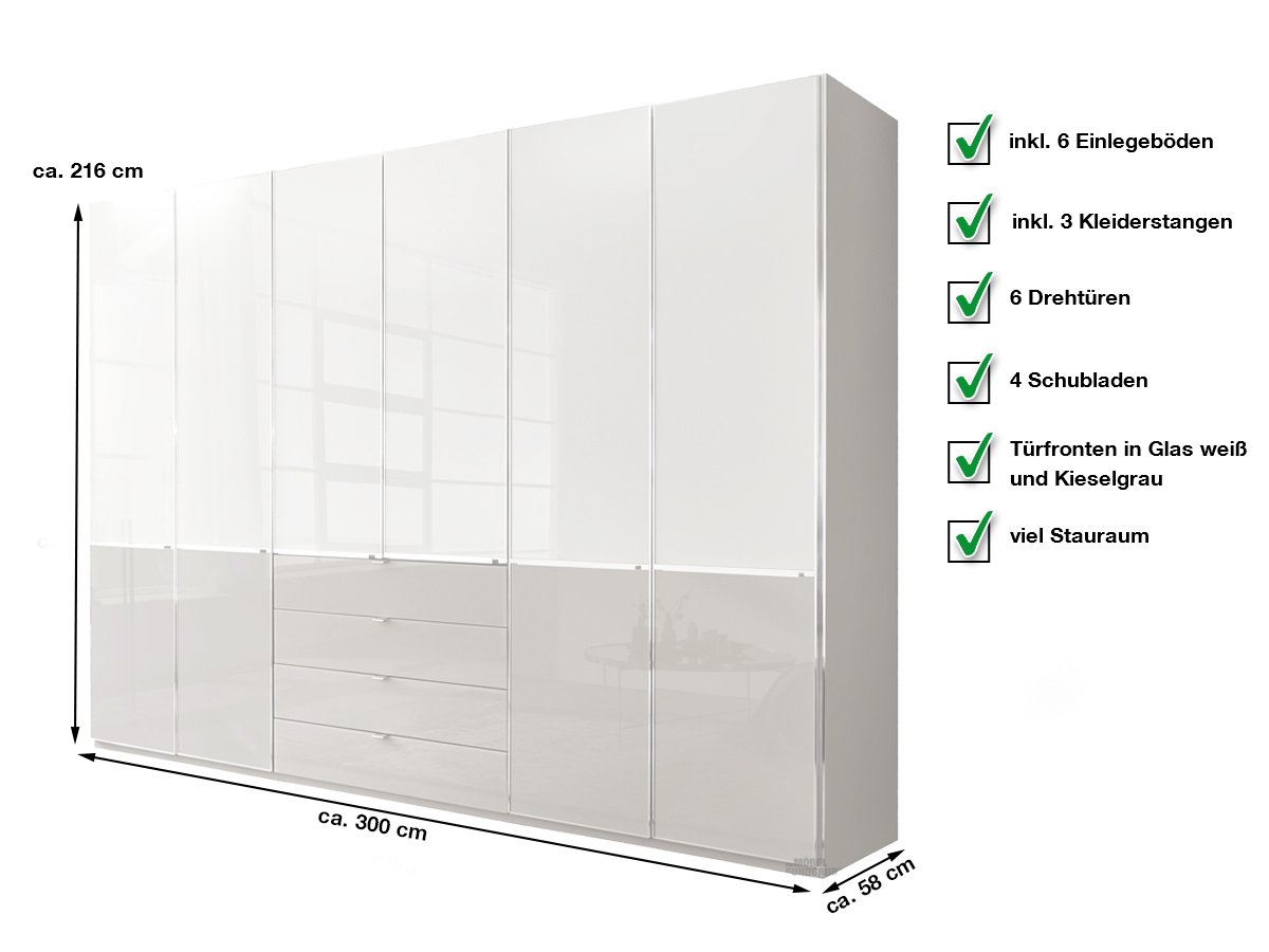 Kleiderschrank mit Glasfront 300 cm - weiß - SHANGHAI 2