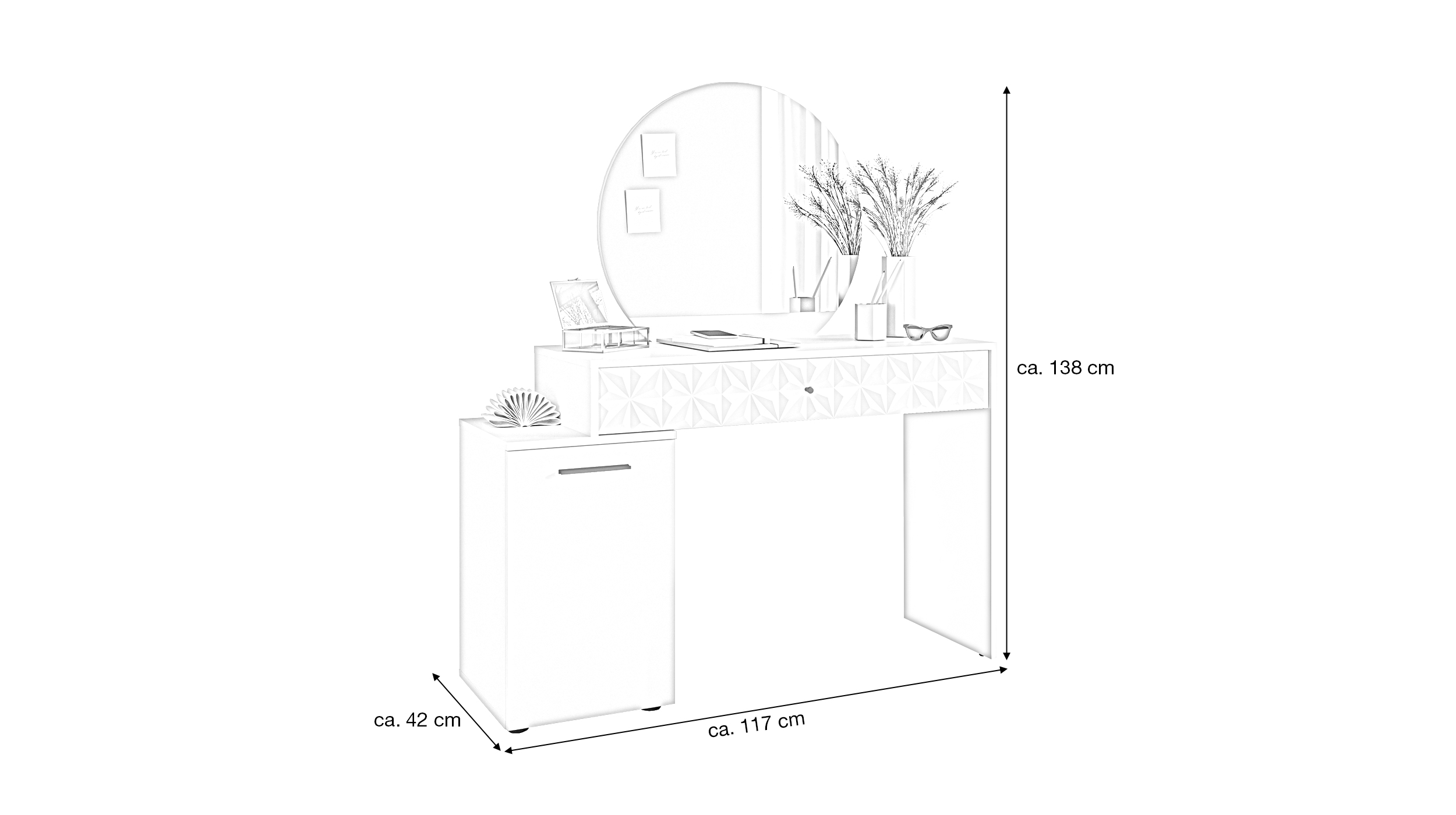 Schminktisch weiß hochglanz 117 cm - mit Spiegel - PRISMA