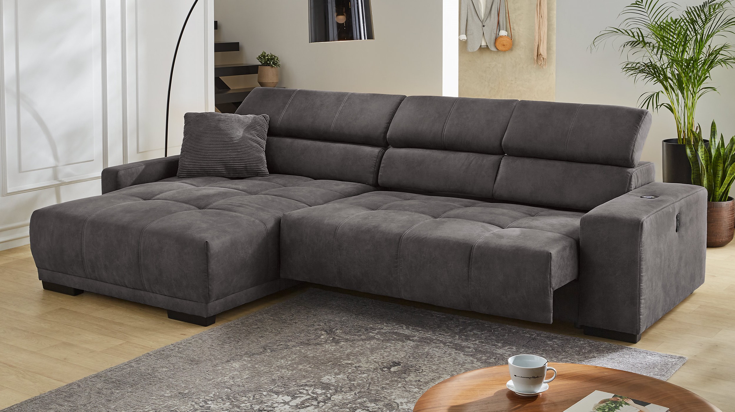 Ecksofa grau 315 cm mit Sitztiefenverstellung - LE MANS