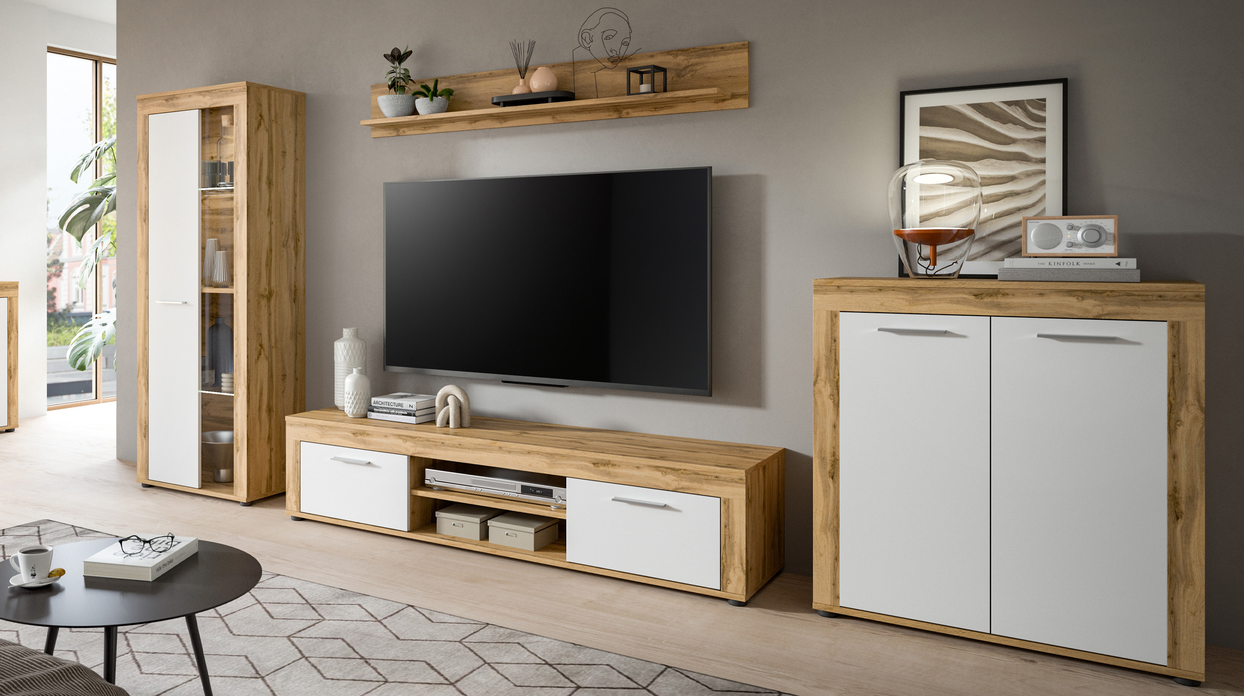 Sideboard mit 3 Schubladen weiß Wotan Eiche 125 cm - JAM