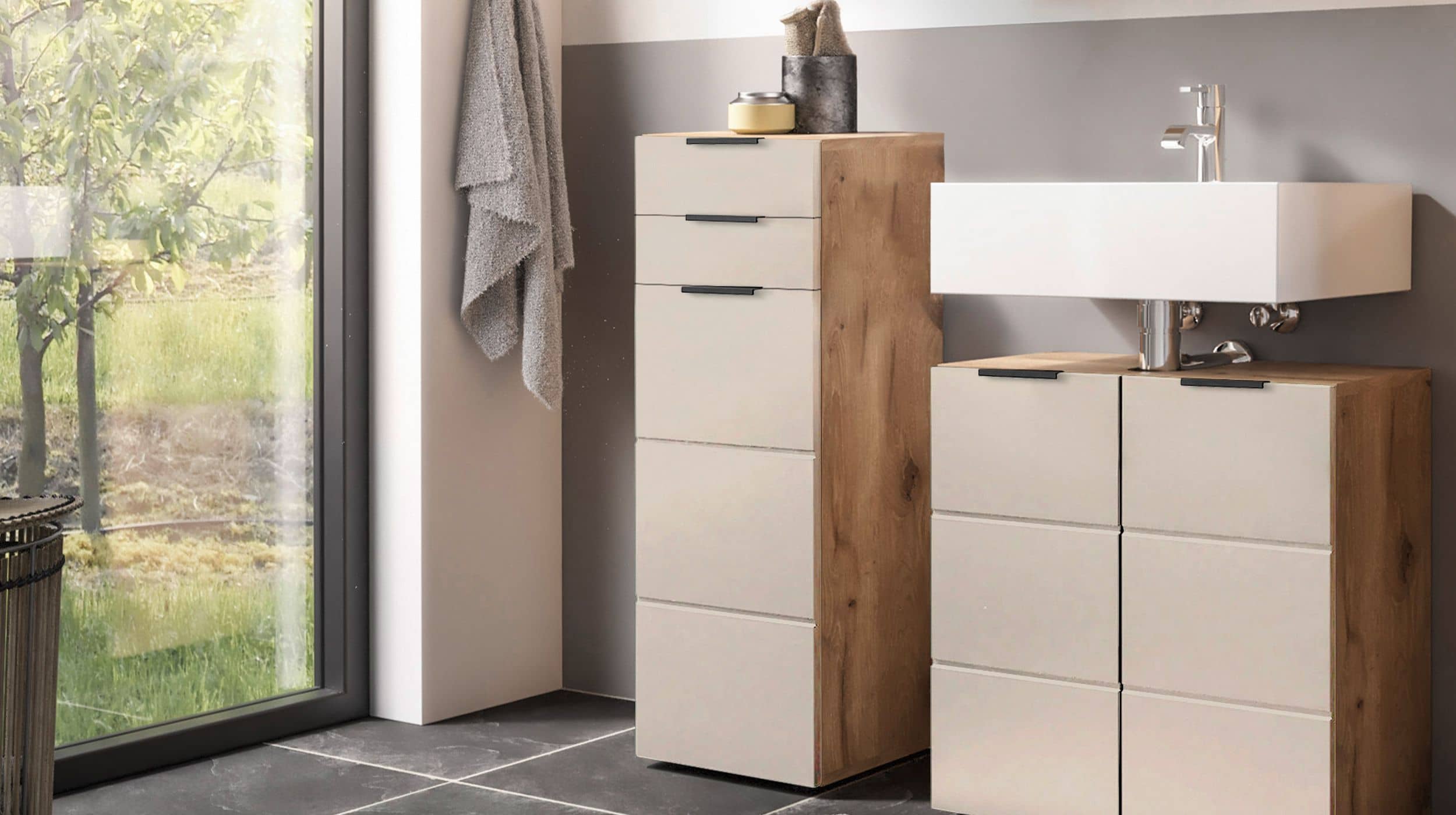 Bad Unterschrank Viking Eiche - beige 34 cm - 1 Tür - KRETA