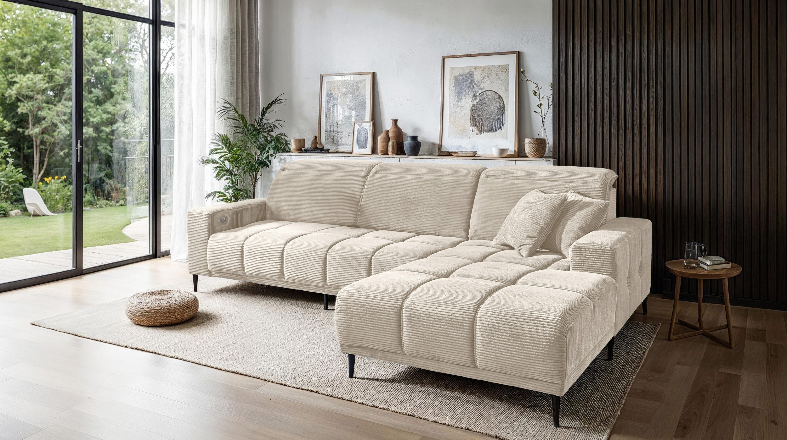 Ecksofa Cord beige ausziehbar - Sitztiefenverstellung 286 cm - OT rechts - MARISOL
