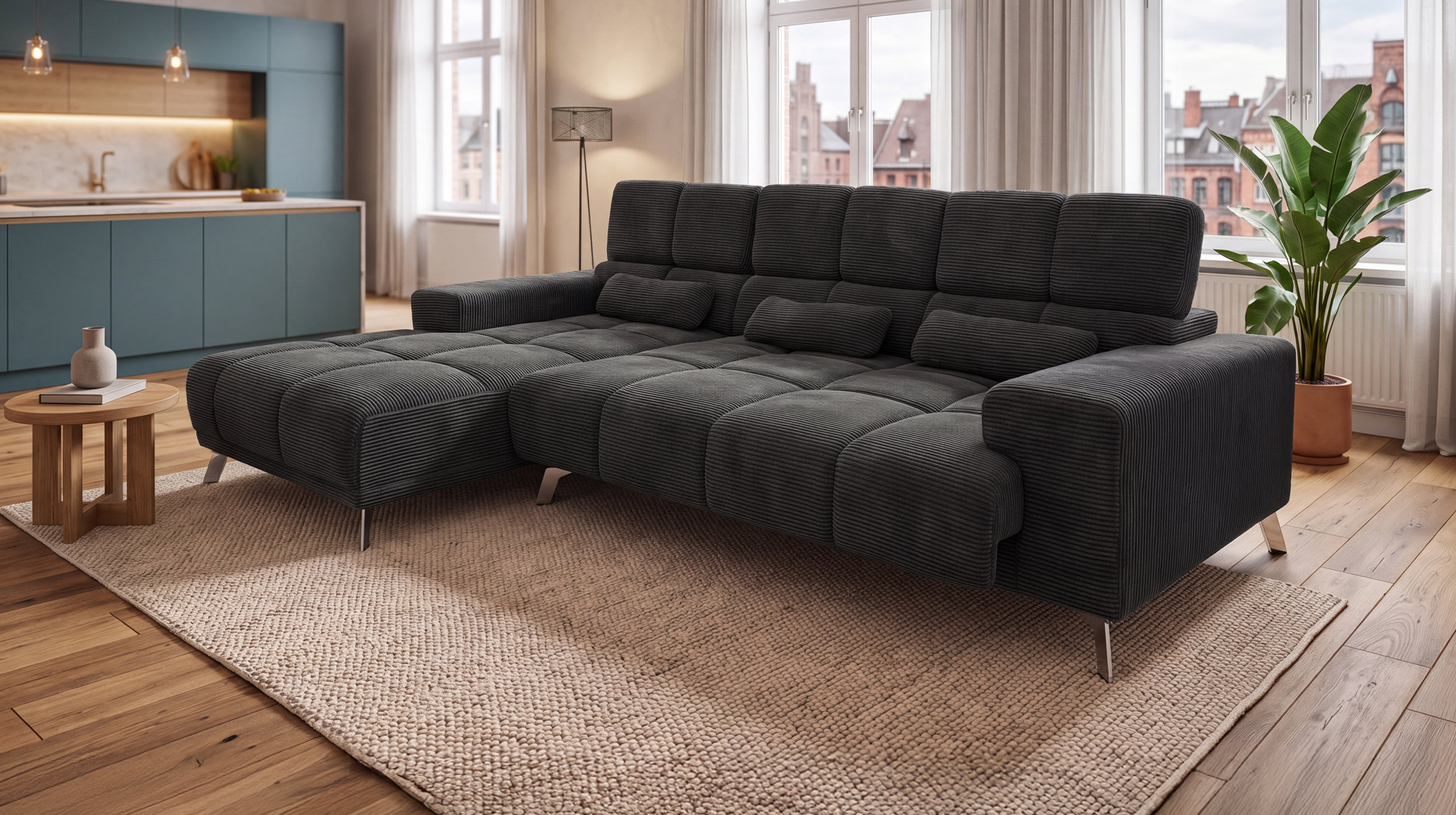 Ecksofa Cord grau elektrisch ausfahrbar 285 cm - OT links - SPEED